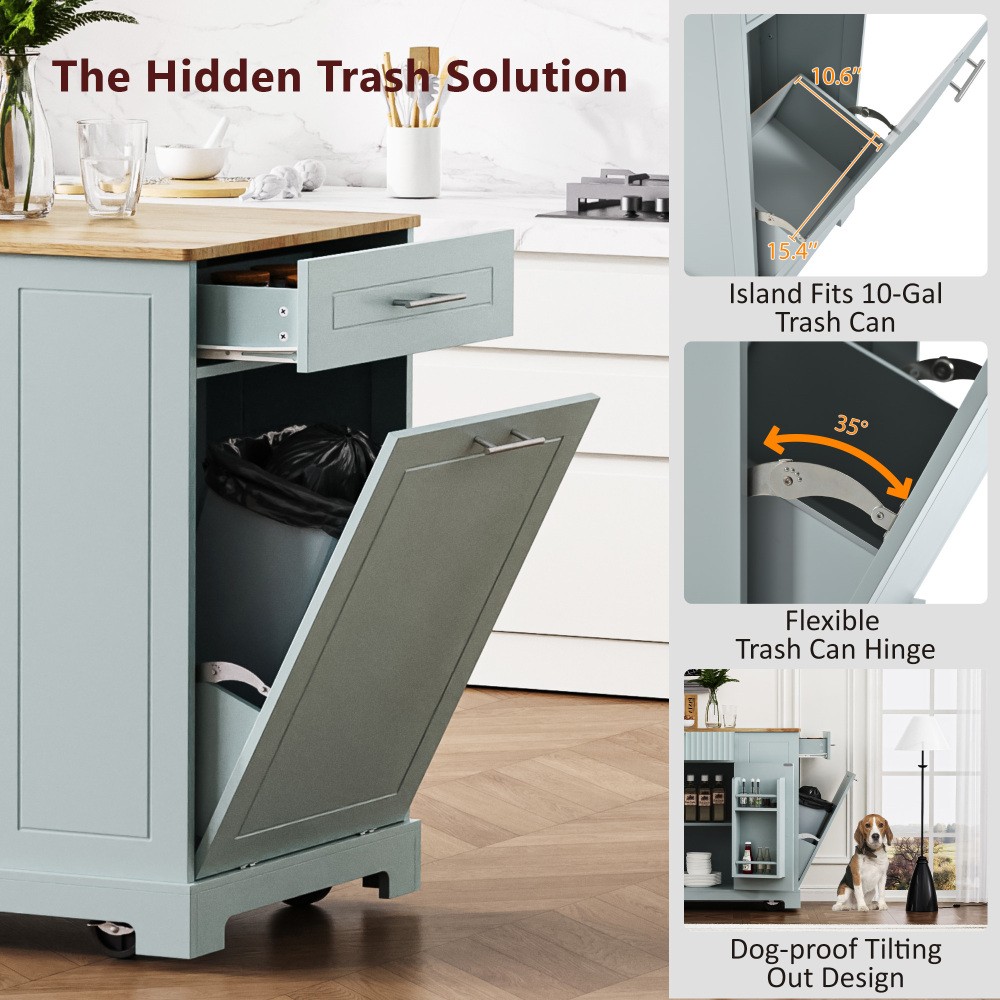 K&K Fluted Kitchen Island with Trash Can Storage Cabinet, Power Outlet