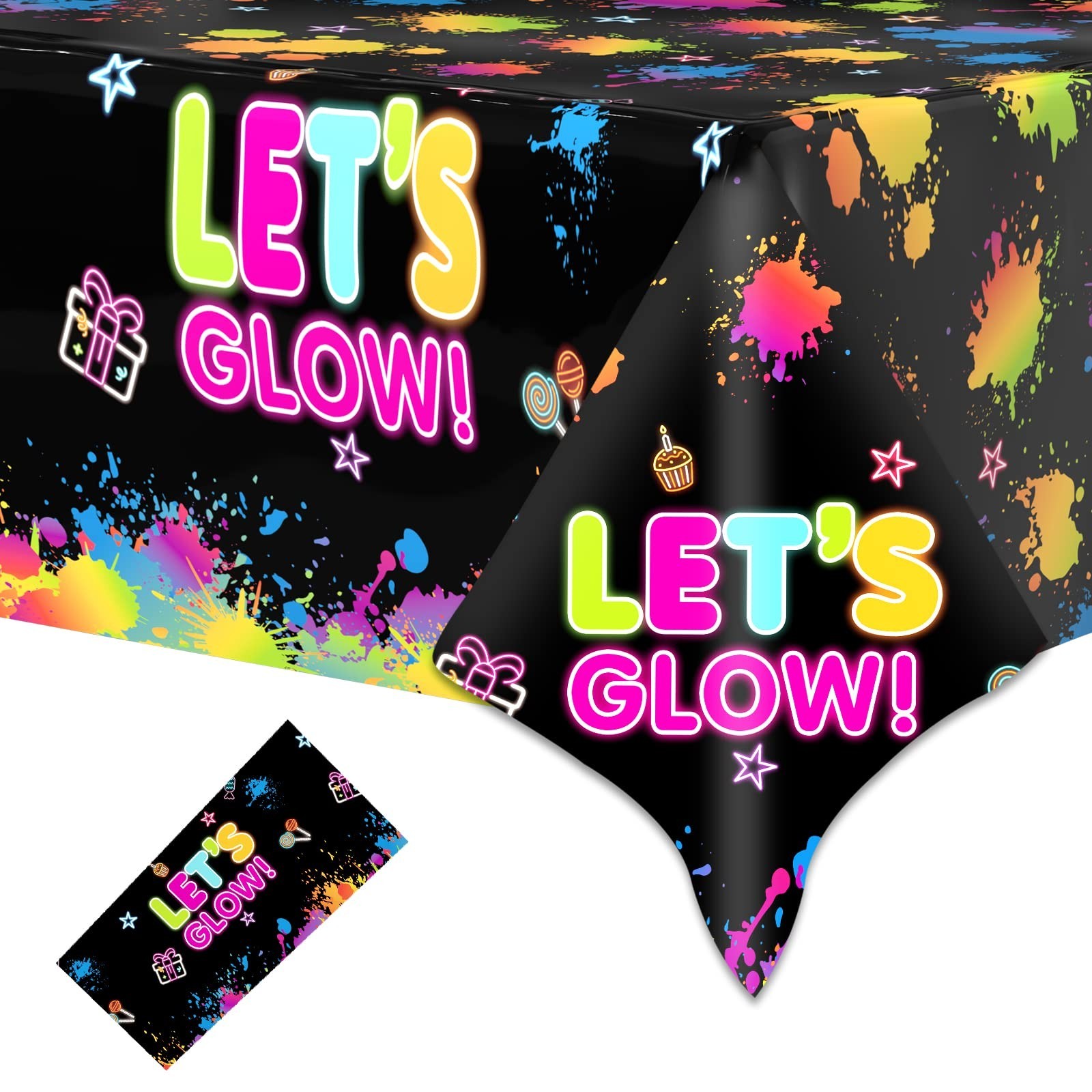 1 Pack Let's Glow Tablecloth- Neon Party Table Cover, Disposable Plastic Rect...