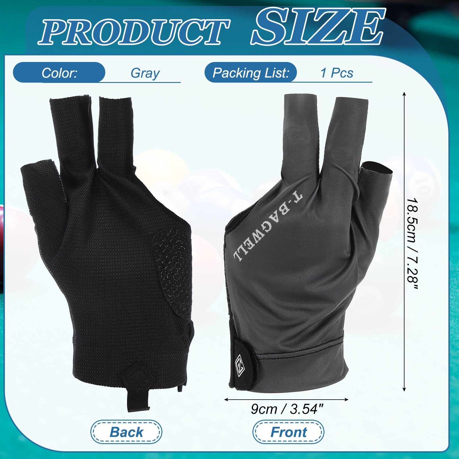 3 Finger Pool Glove Left Hand, Billiard Gloves, Gray