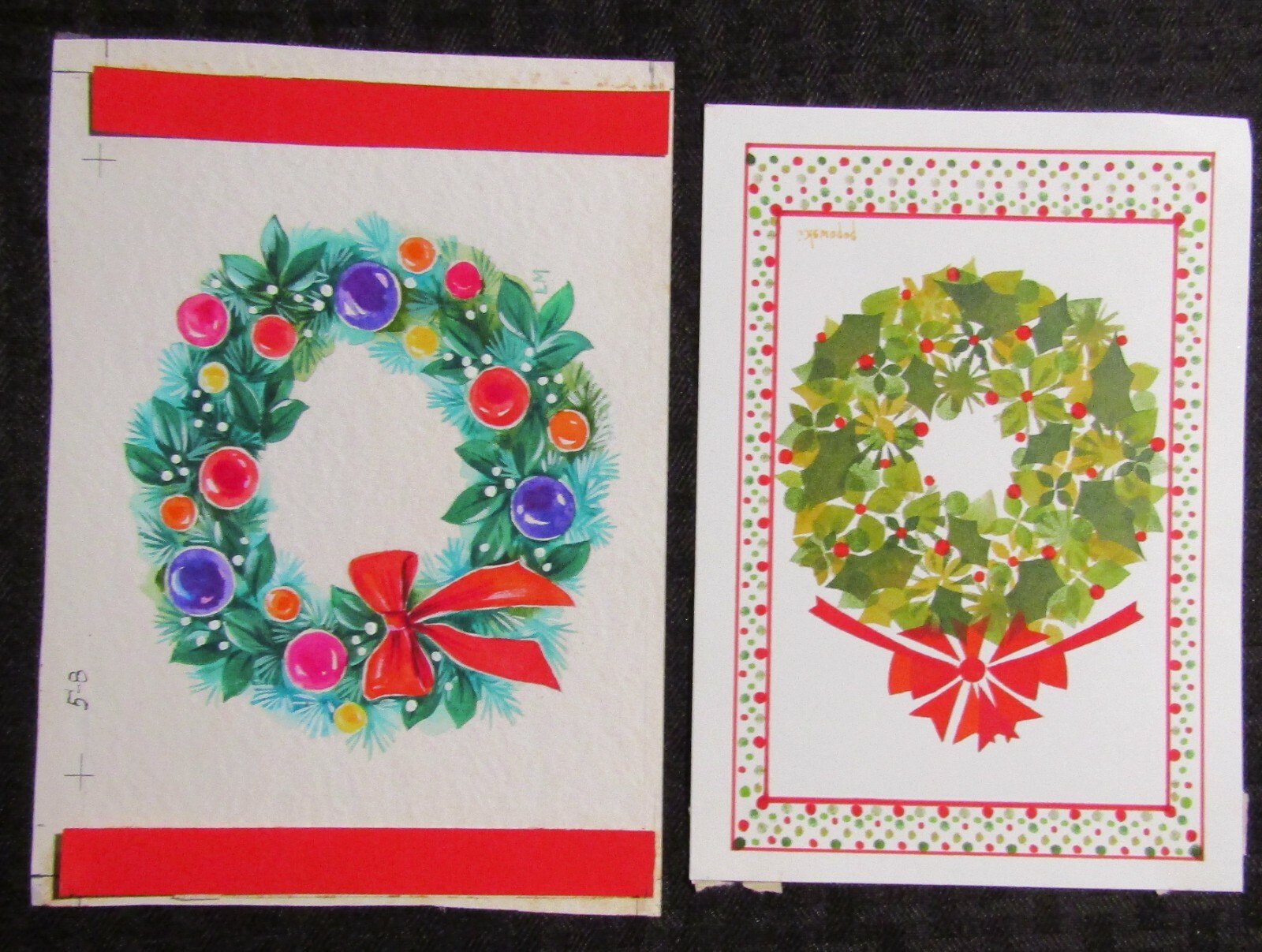 HOLIDAY Wreaths Colorful Ornaments & Red Ribbon 7x5.5 Greeting Card Art LOT of 2