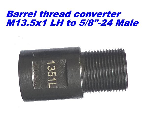 Barrel / Muzzle Thread Adapter, M13.5x1 LH to 5/8" - 24 Male, 9.5mm Hole, 1351L