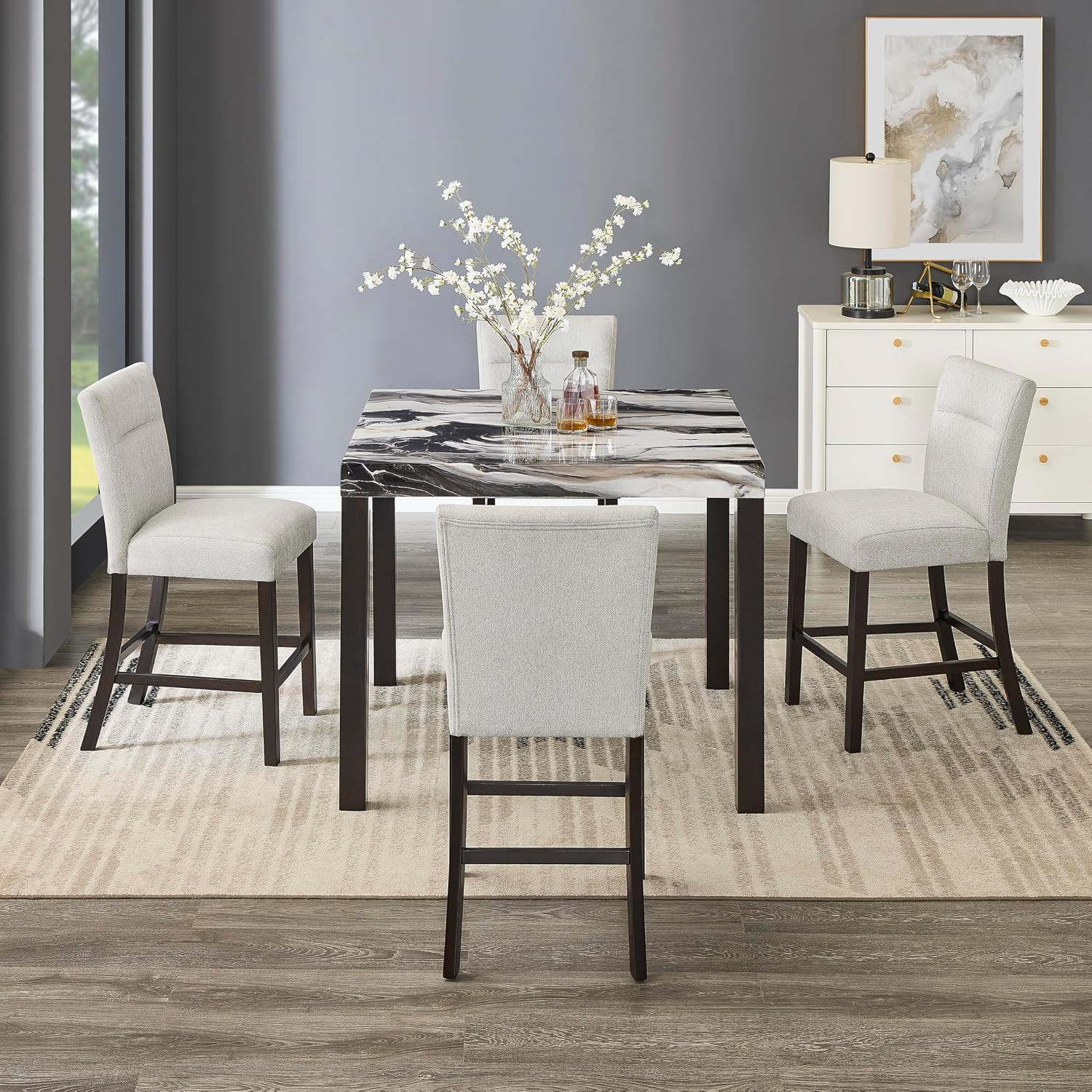Cavira Modern Faux Marble Counter Height Dining Table with 4 Stools