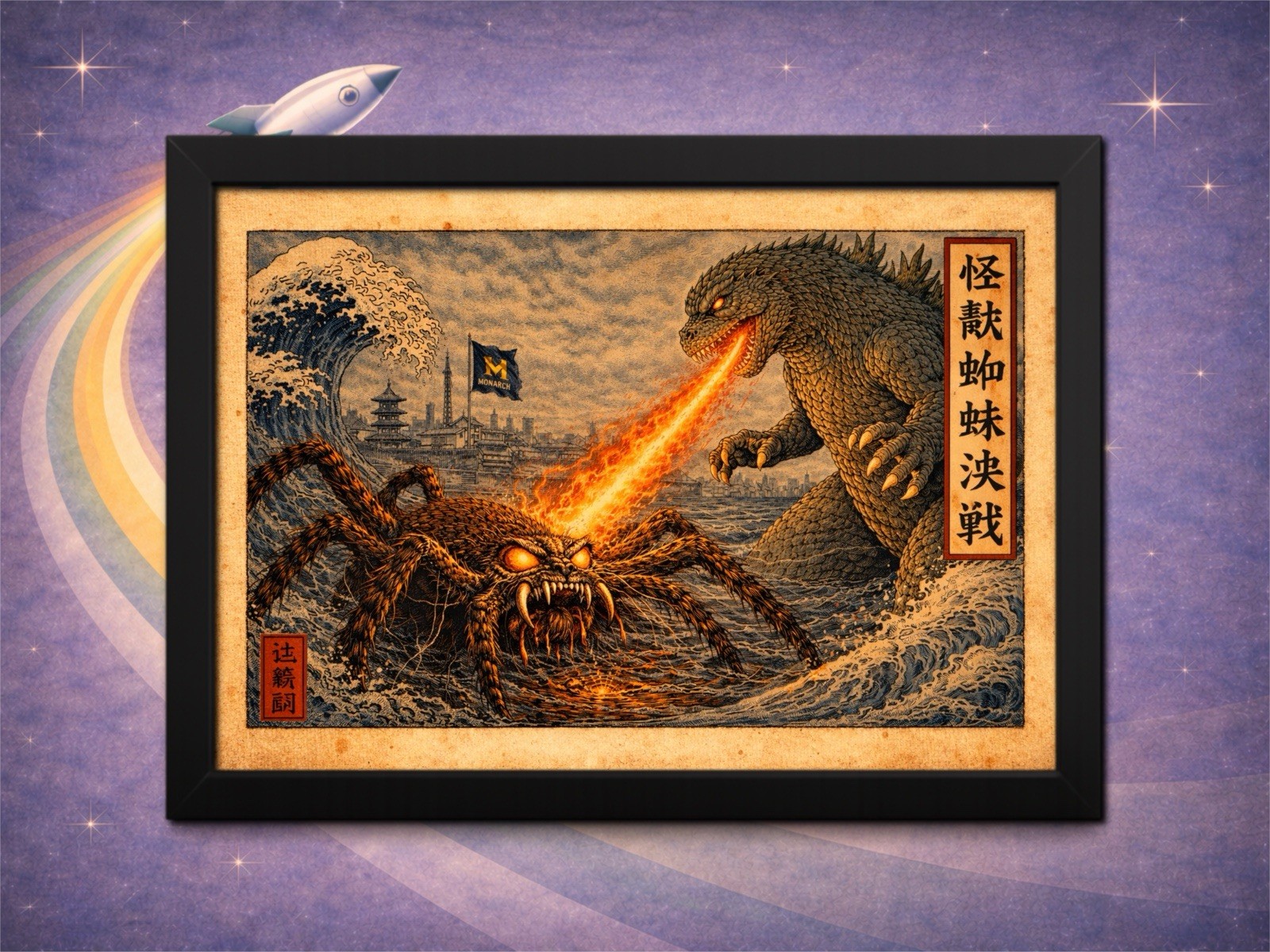 Framed Godzilla vs Giant Spider Ukiyo-e Kaiju Battle Print 12×8 ClassicSciFi