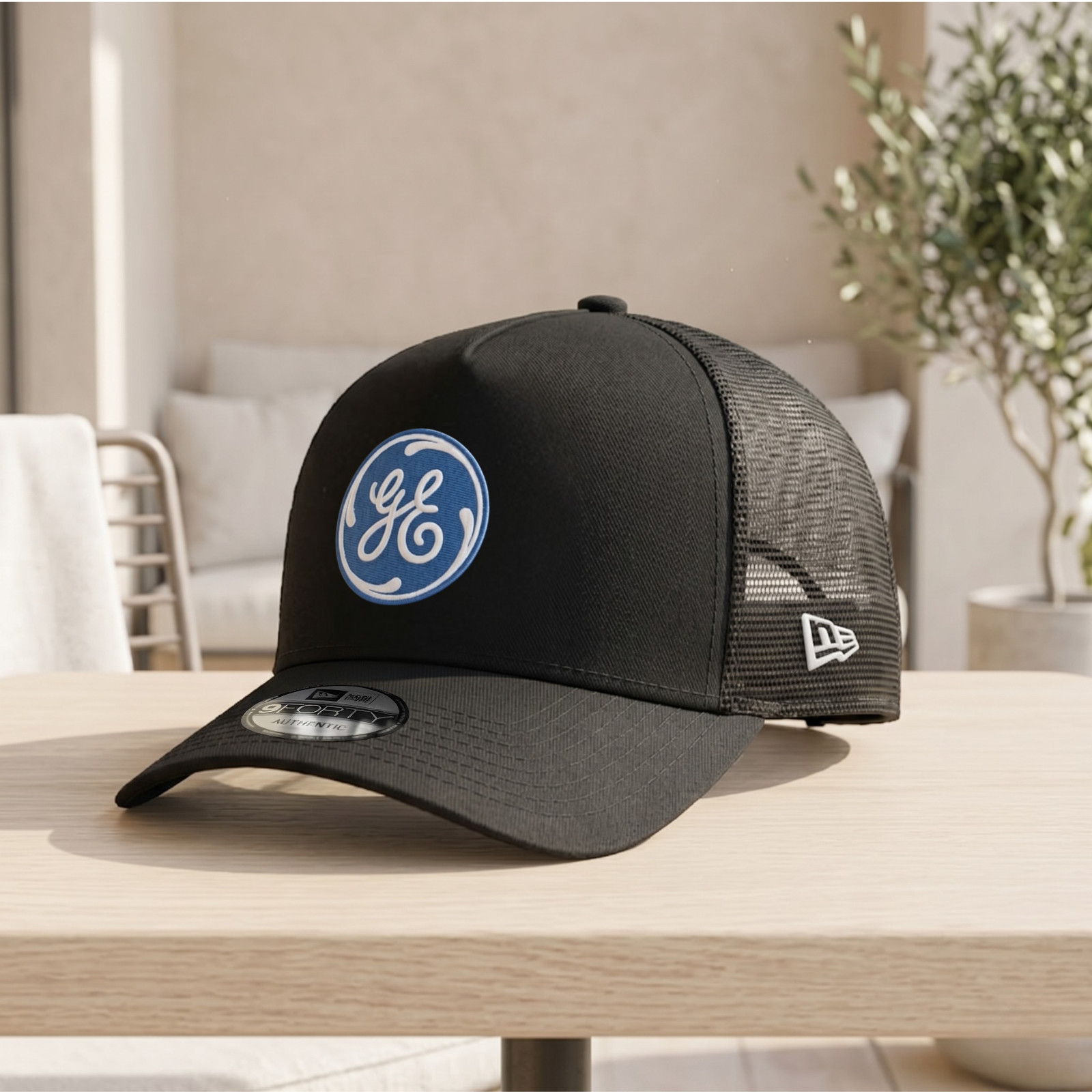General Electric GE Embroidered Black Trucker Hat Mesh Adjustable Cap