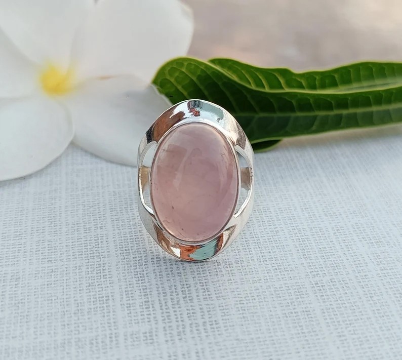 Solid 925 Sterling Silver Natural Rose Quartz Oval Pink Gemstone Geometric Ring