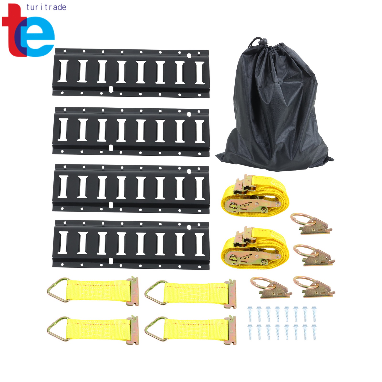 Tie-Down 4×1.3' E Track Rails 2x 10' Ratchet Straps 4x O Rings 4x D-Ring 1× Bag