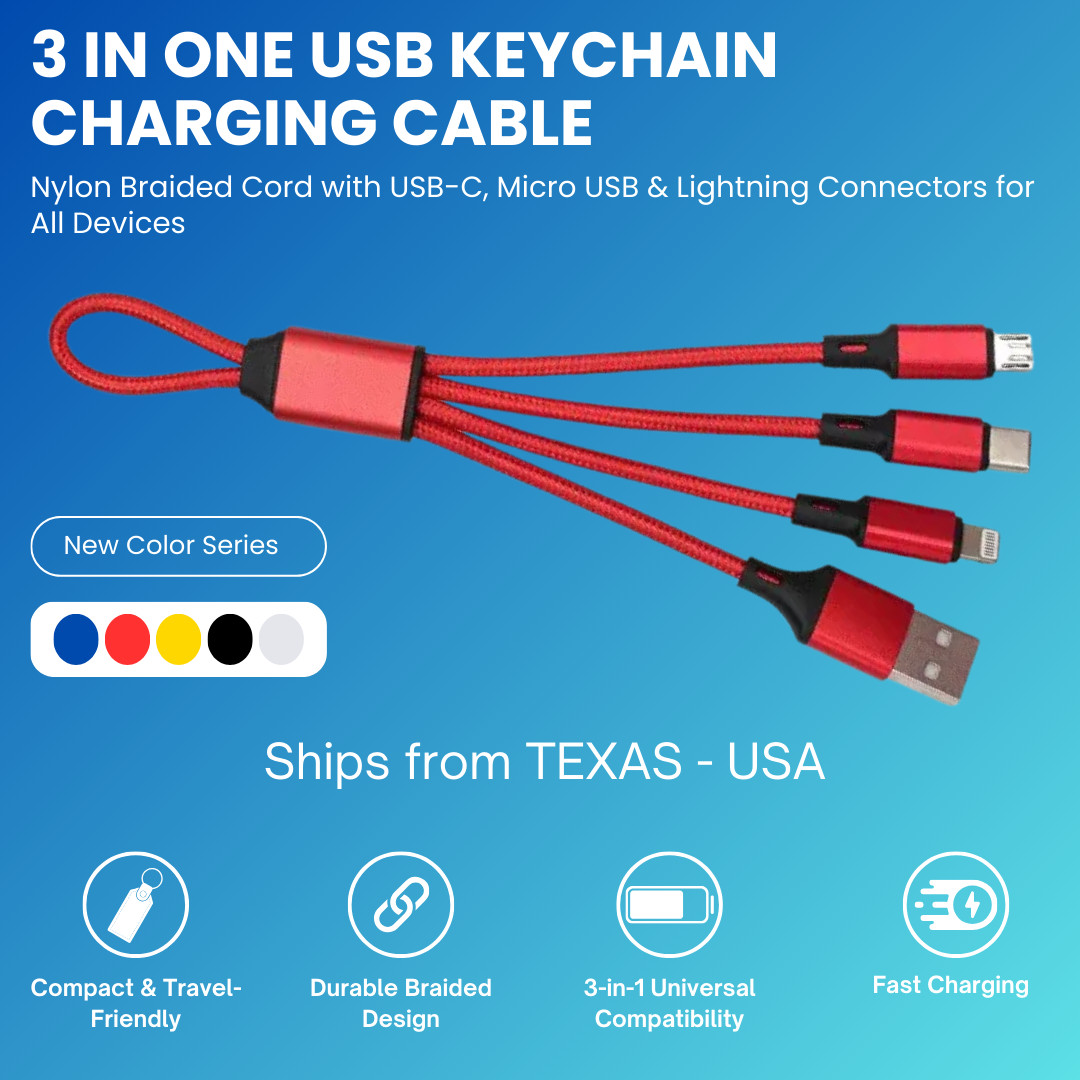 3 in 1 USB Fast Charging Cable - Short Compact Travel Friendly