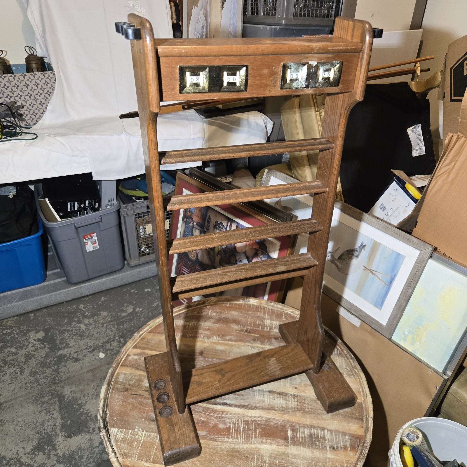 Wood Pool Cue Rack Stand w/ Built-In Score Counters, Patented 3722481