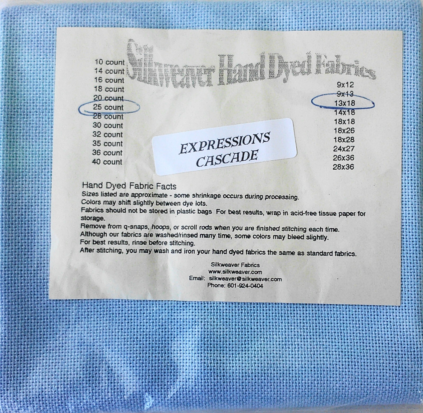 Silkweaver Hand Dyed Expressions Cascade 13" x 18" 25 Ct Cross Stitch Fabric NIP