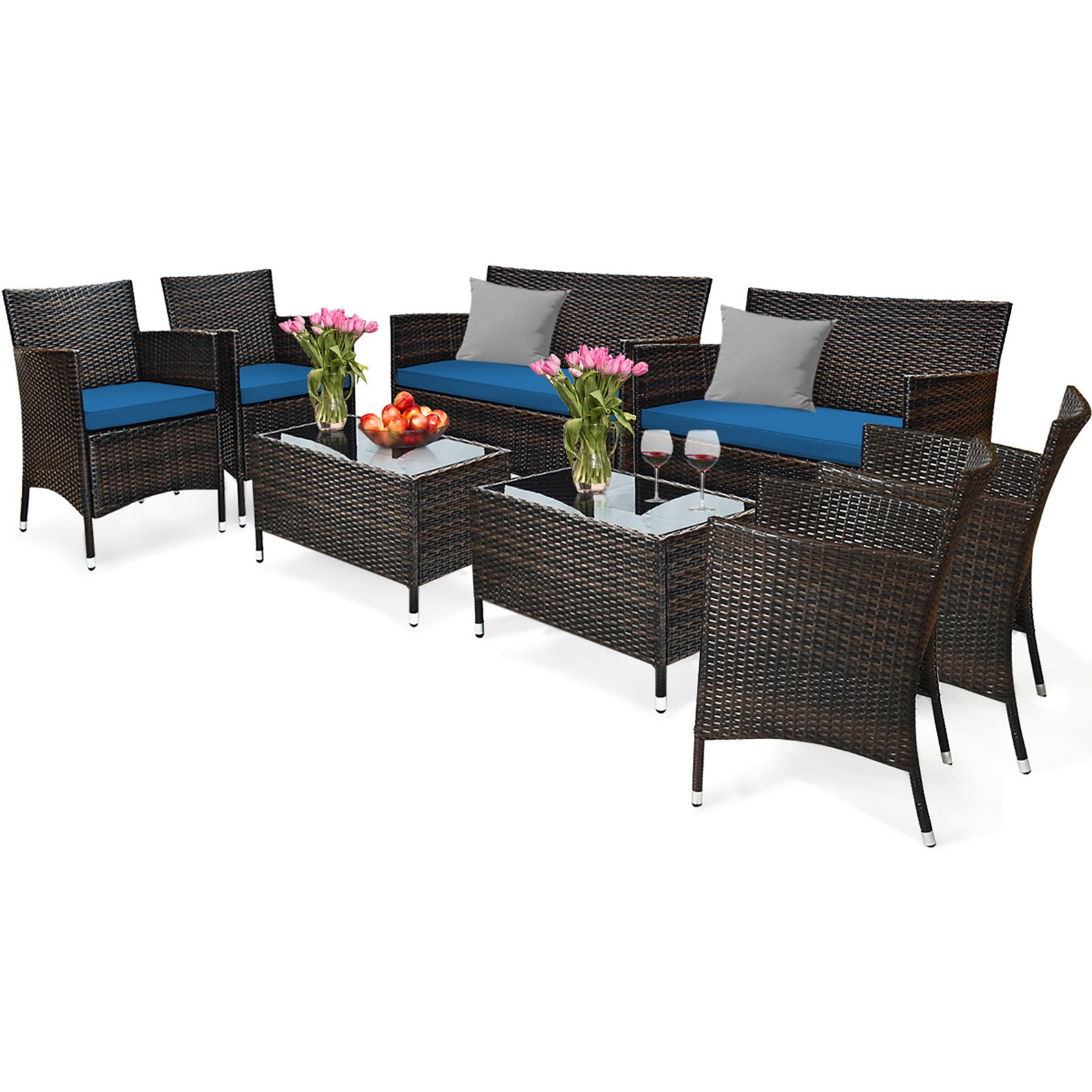 8PCS Patio Rattan Conversation Furniture Set Outdoor w/ Peacock Blue Cushion