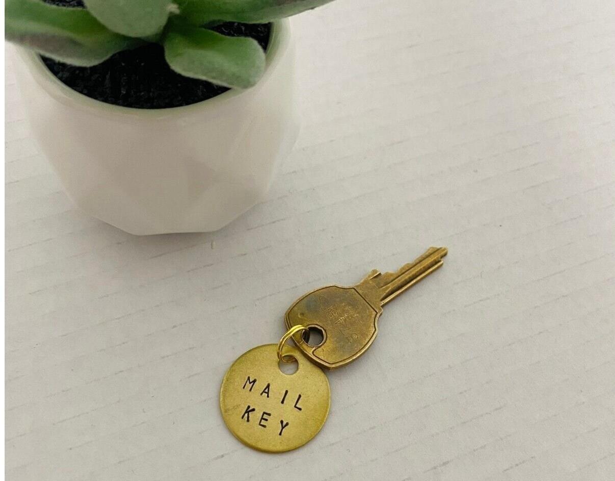 Mail Key Mailbox # Keychain PO Box Customizable Hand-Stamped Brass Metal Label