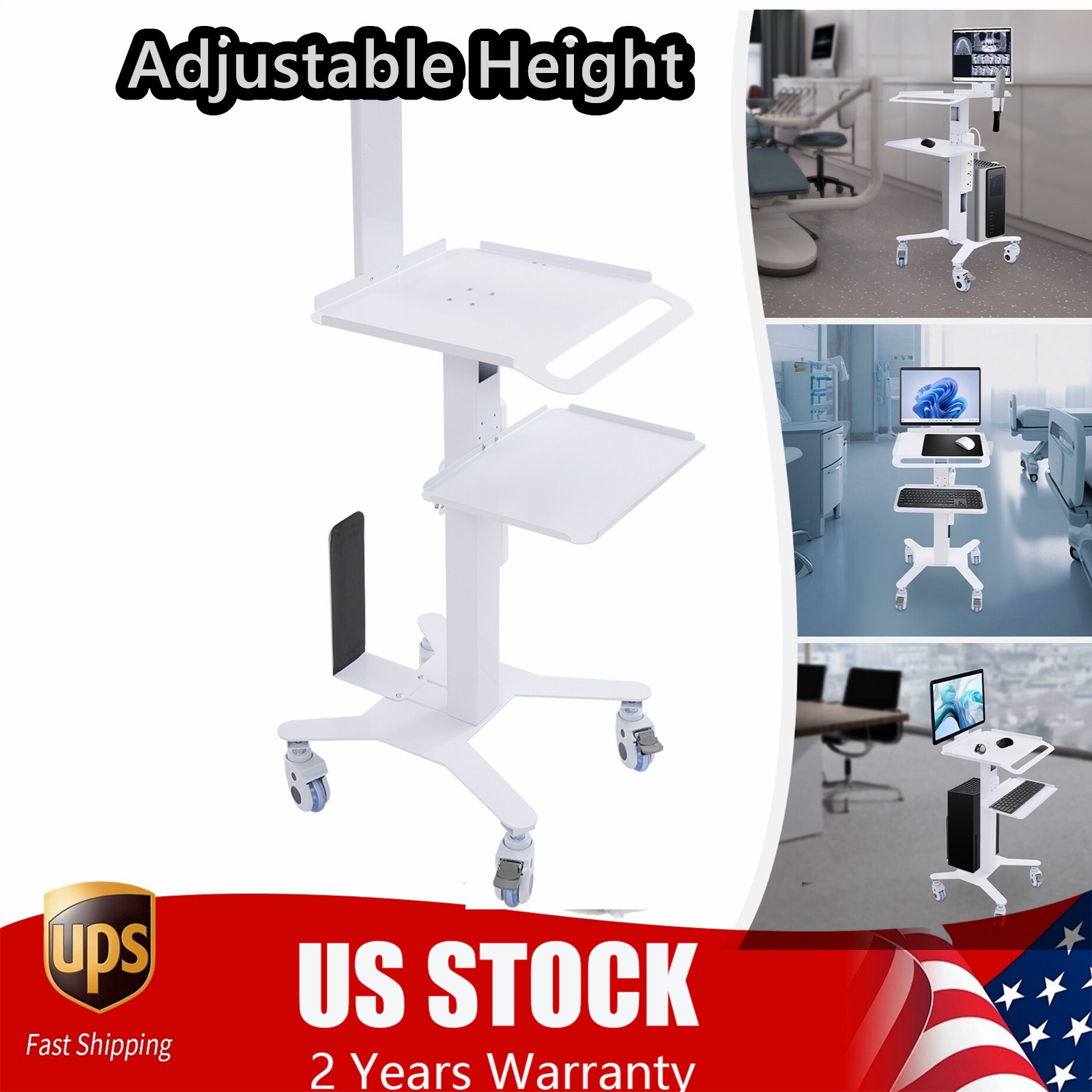 Adjustable Height Rolling Desk Computer Cart Mobile PC Laptop Workstation Table