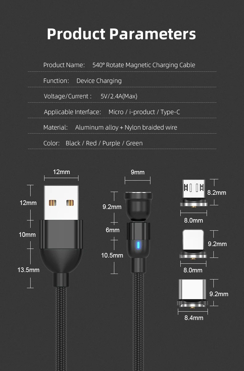 3 in 1 Magnetic Fast Charging USB Data Cable Phone Charger Micro USB Type C A2P*