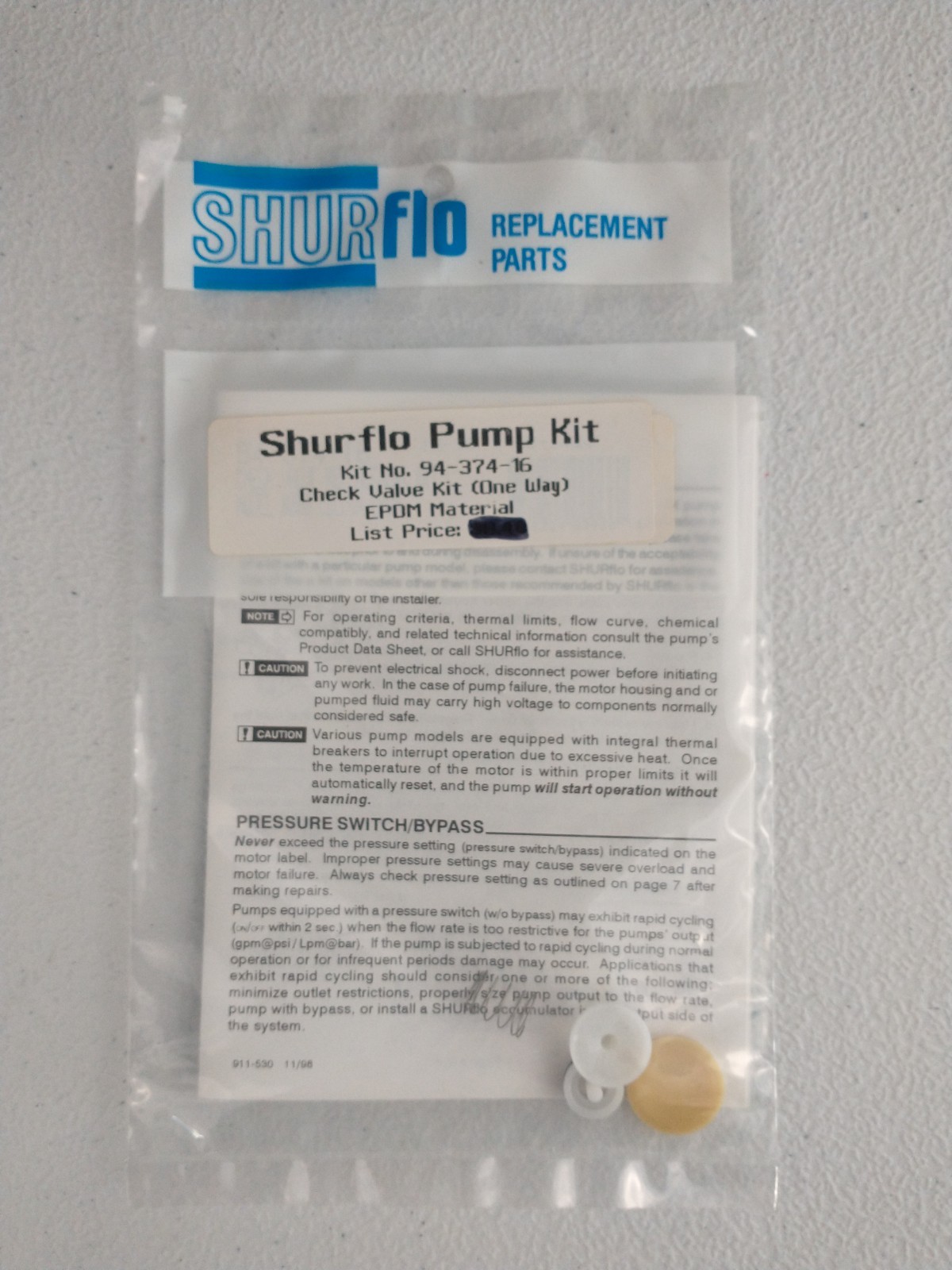 Shurflo 94-374-16 Check Valve Assembly Kit for 8000 Series Pumps - EPDM. NEW