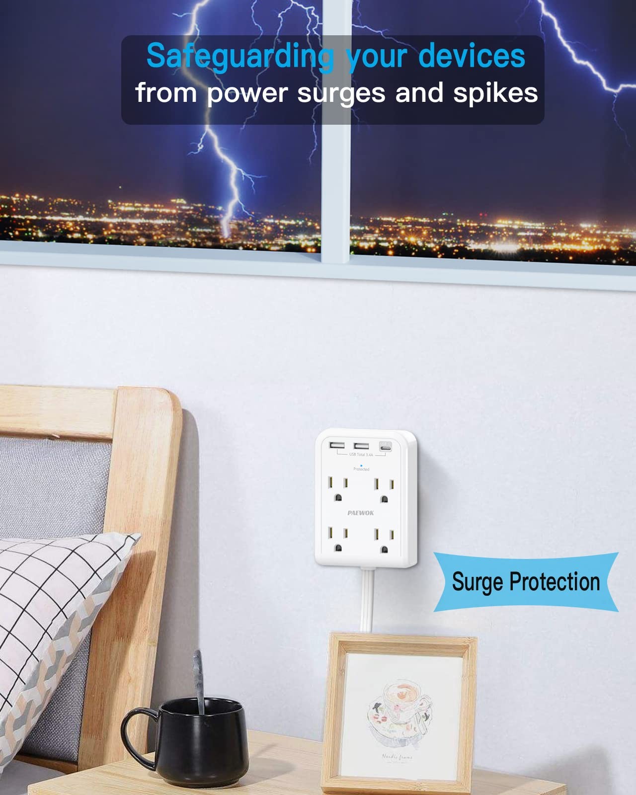 Surge Protector Power Strip, Outlet Extender Stick with USB C 4 FT, White