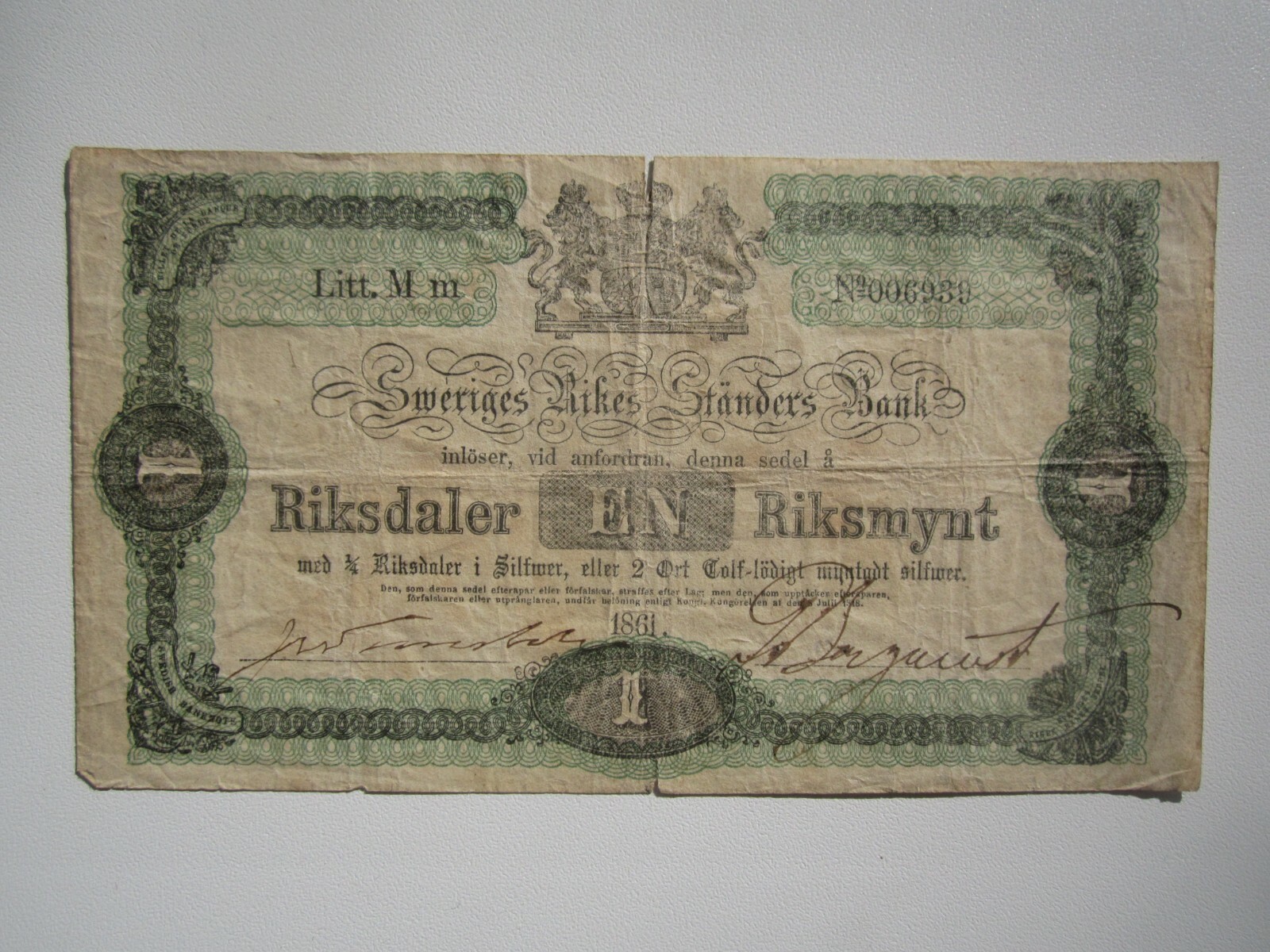 1861 SWEDEN 1 RIKSDALER