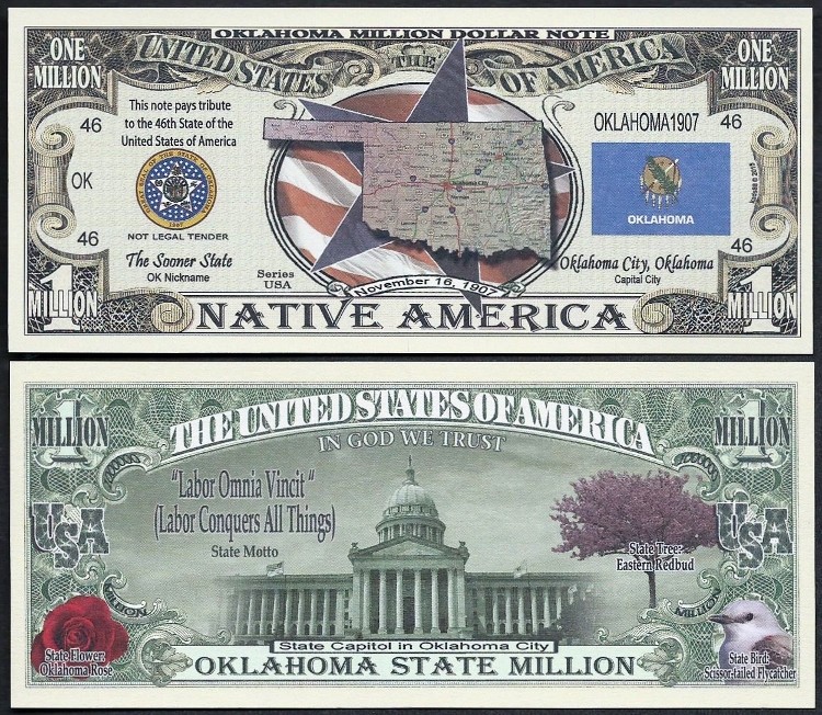 Oklahoma State Million Dollar Bill Play Funny Money Novelty Note + FREE SLEEVE