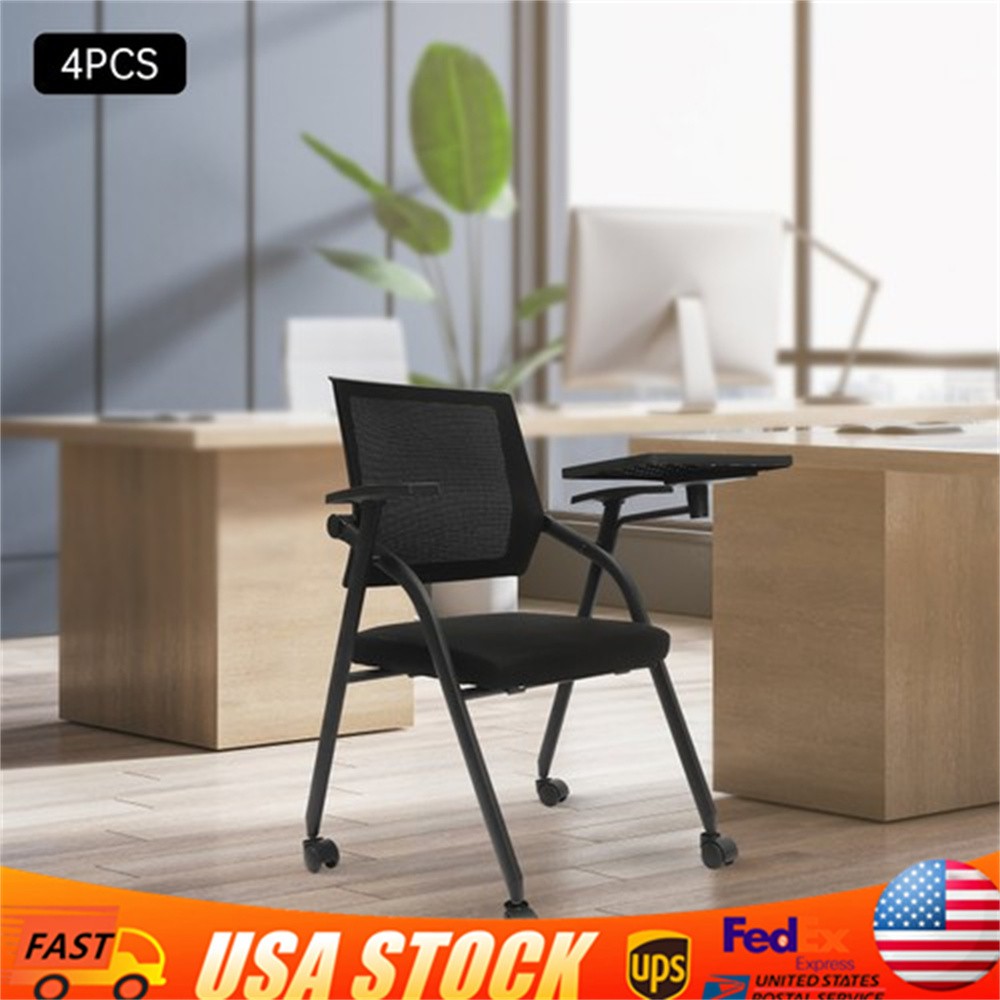 4 Pack Foldable Office Chairs with Tablet Arm, Black Mesh Collapsible Desk Chair