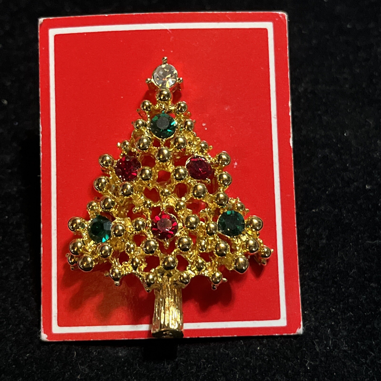 Brooch Tac Pin Christmas Tree Gold Tone Red Green Clear Rhinestones