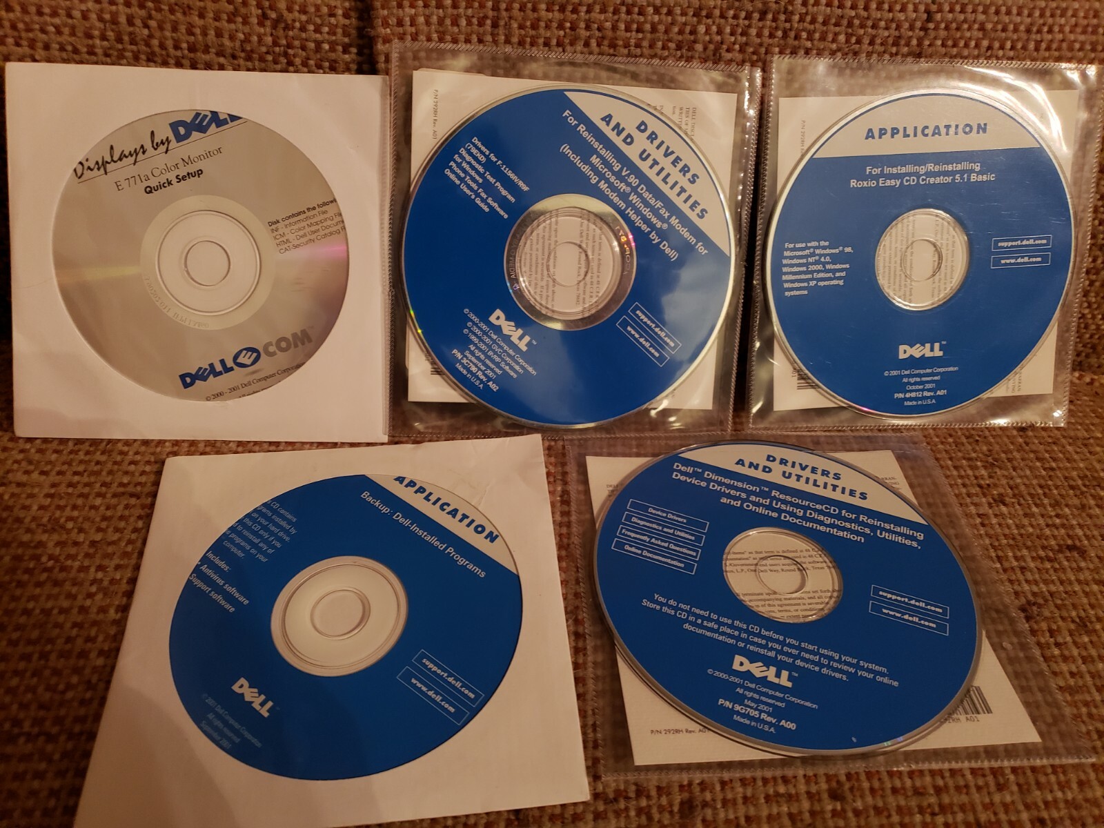 Dell Dimension Utilities and Drivers 5 CDs 2001 Anti-virus, Roxio, ResourceCD