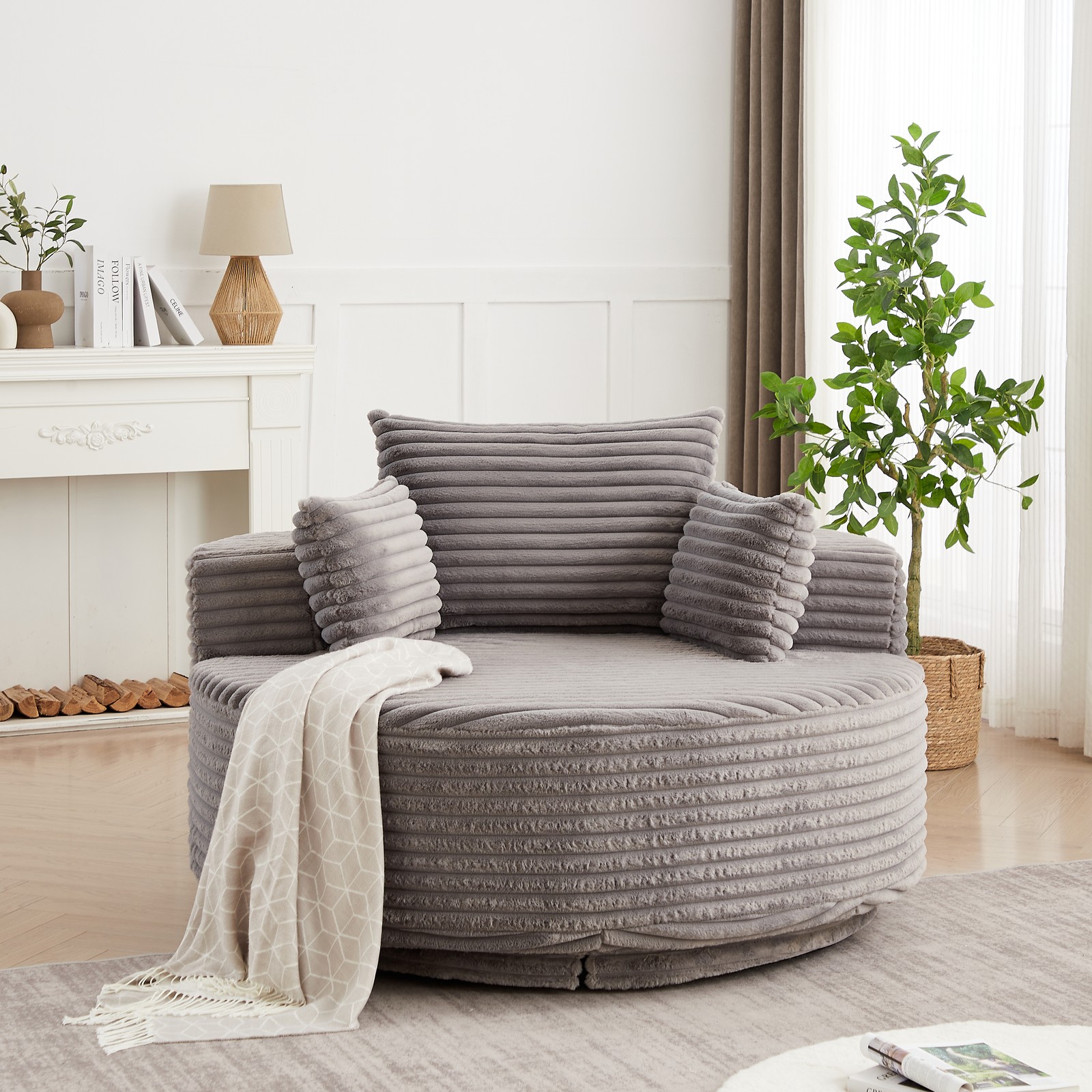 55''L Polyester Foam Single Chair,Fluffy Modern Sleeper 360 Degree Swivel Chair