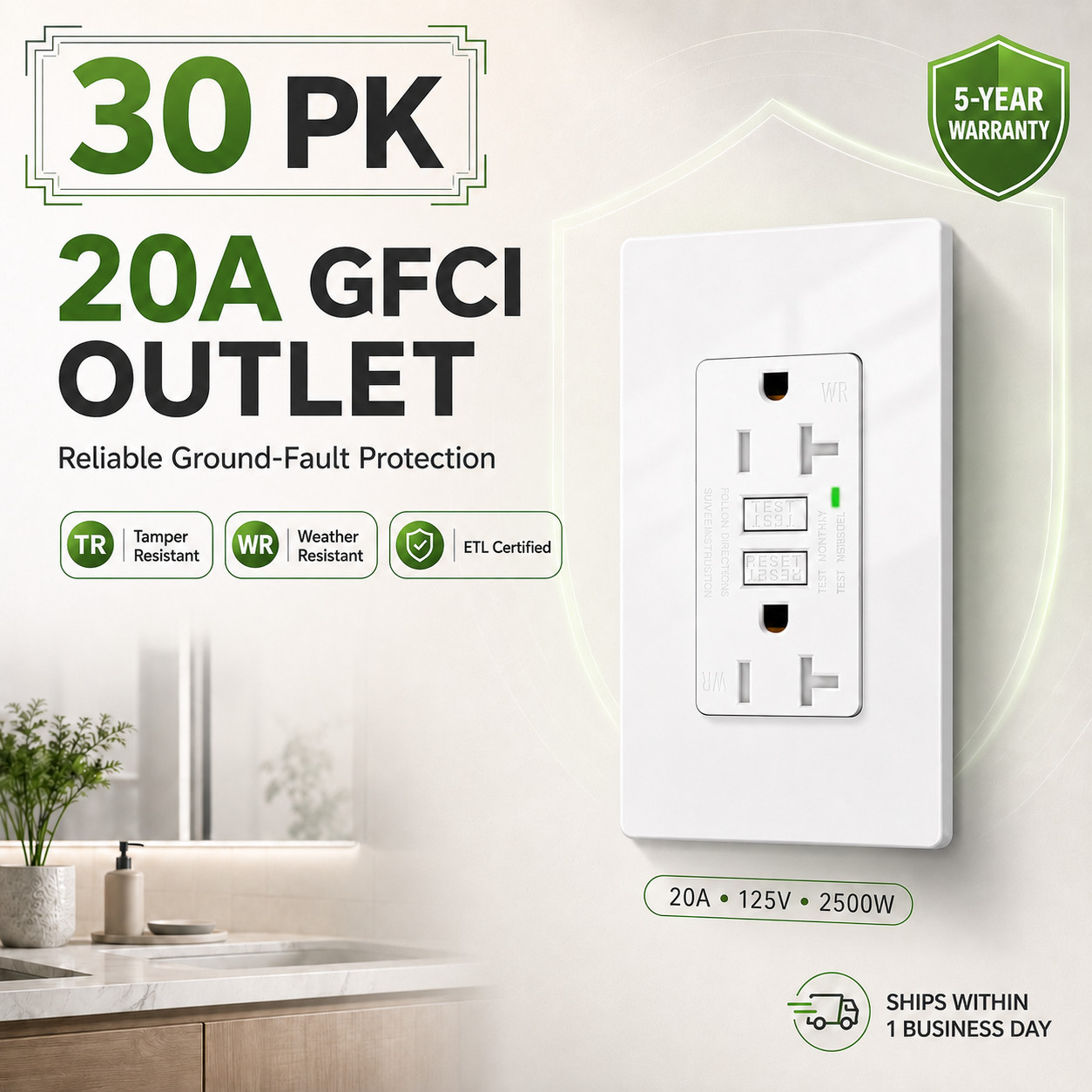 20A GFCI Outlet Tamper Resistant WR Receptacle LED for Bathroom and Patio 30PK