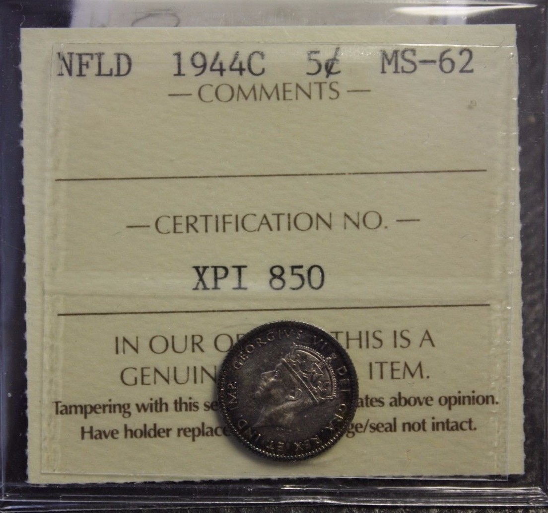 1944 5 cents Newfoundland MS-62 ICCS very nice coin