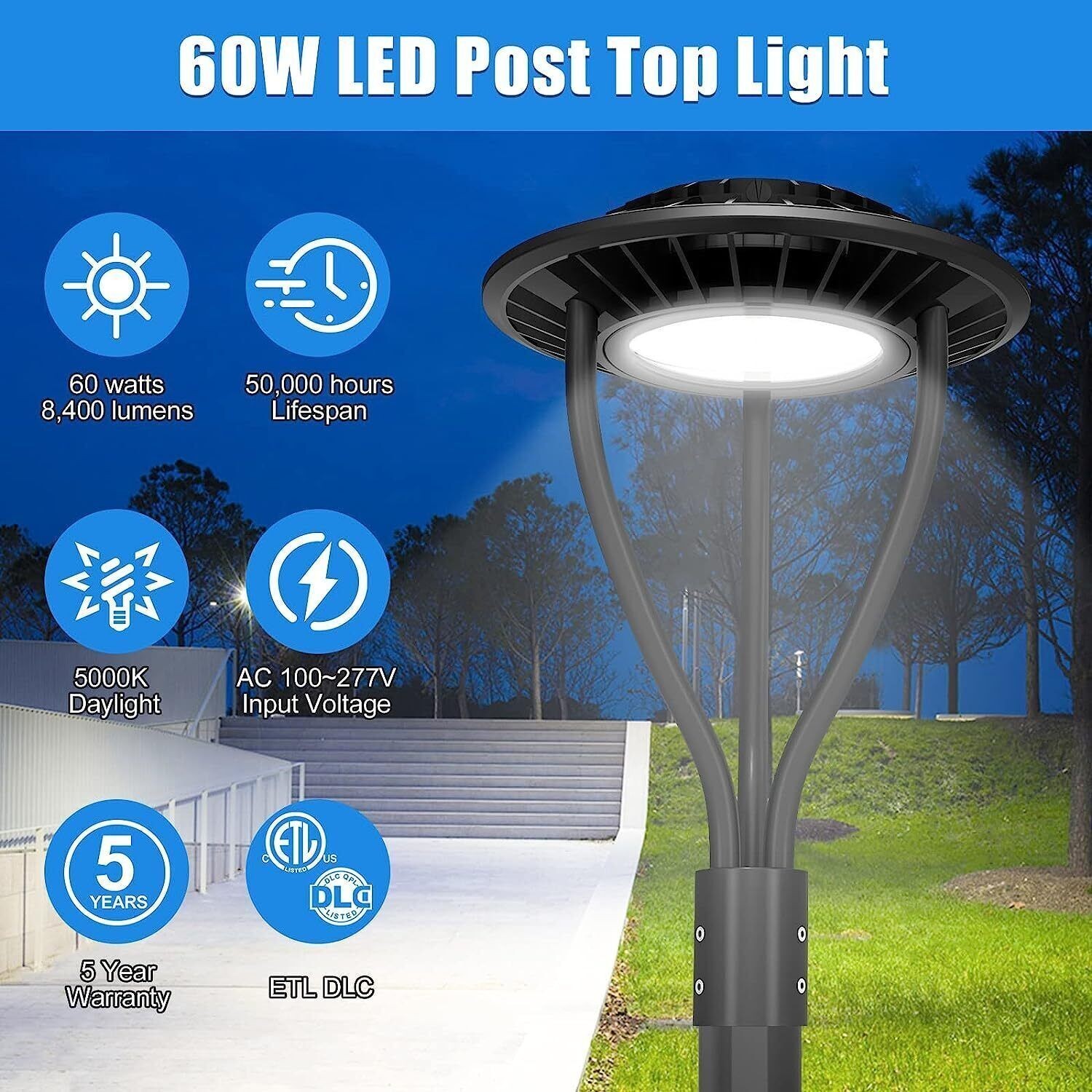 60W 80W 100W 150W LED Post Top Light Dusk to Dawn Outdoor Circular Pole Lights.