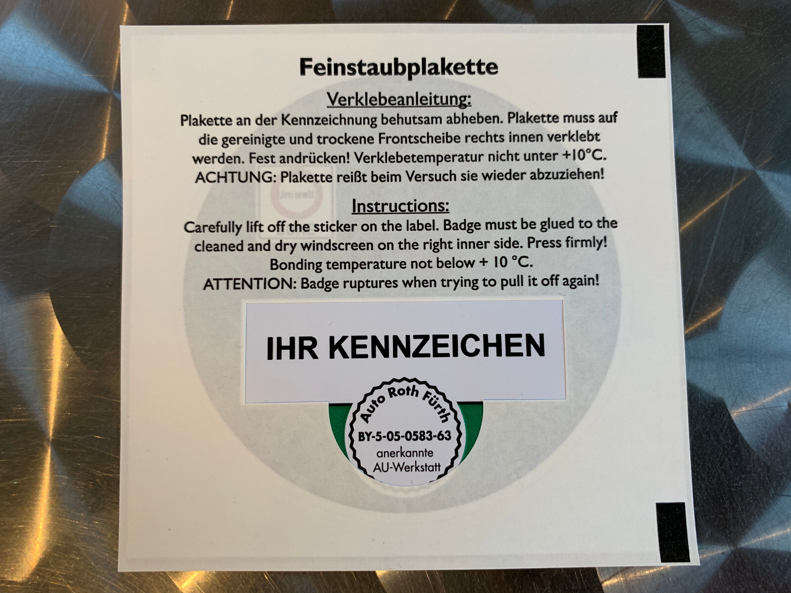 EMISSIONS DECAL - OFFICIALLY APPROVED GERMAN EMISSIONS STICKER ! LASER PRINTED