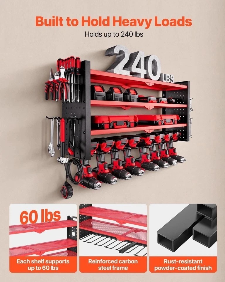 Power Tool Organizer Wall Mount 4-Layer Drill Storage Rack 8 Drill Holders