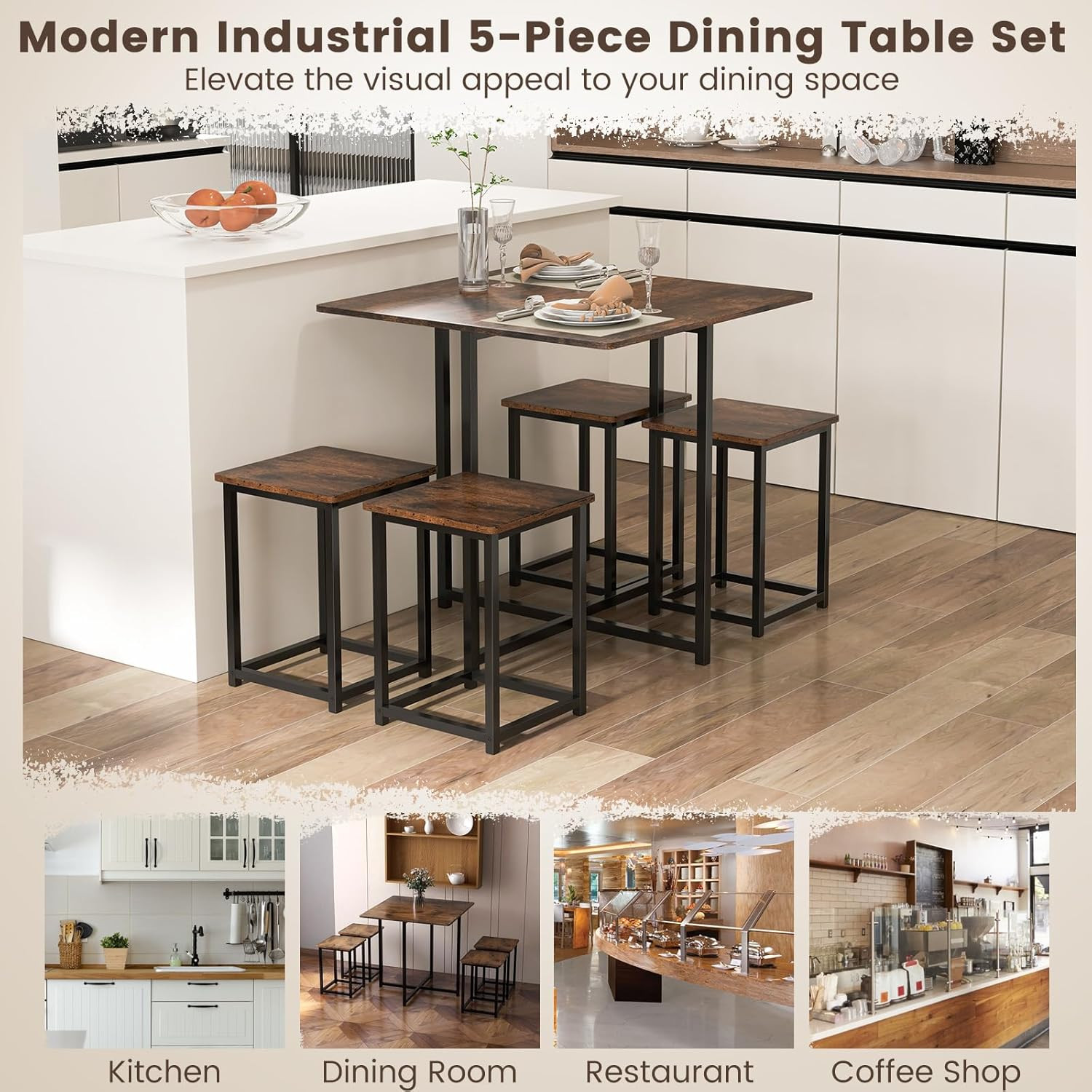 Compact Dining Table Set for 4, Small Kitchen Table Set with Square Stools and M