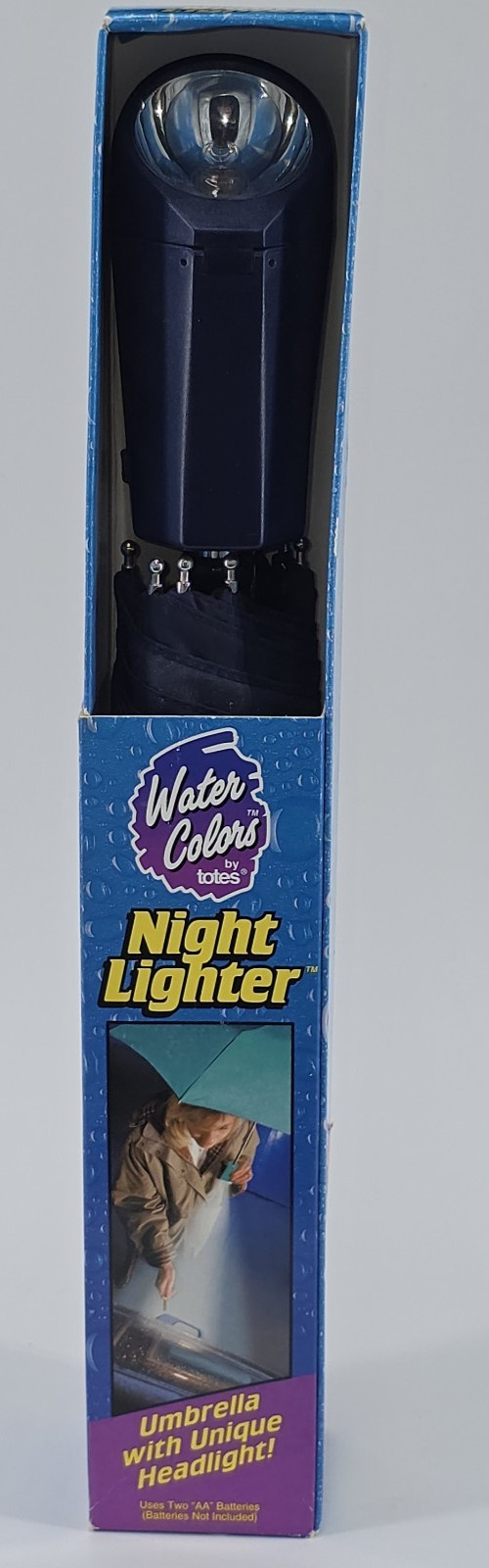 Vintage Totes Water Colors Night Lighter Umbrella With Headlight Black 1998