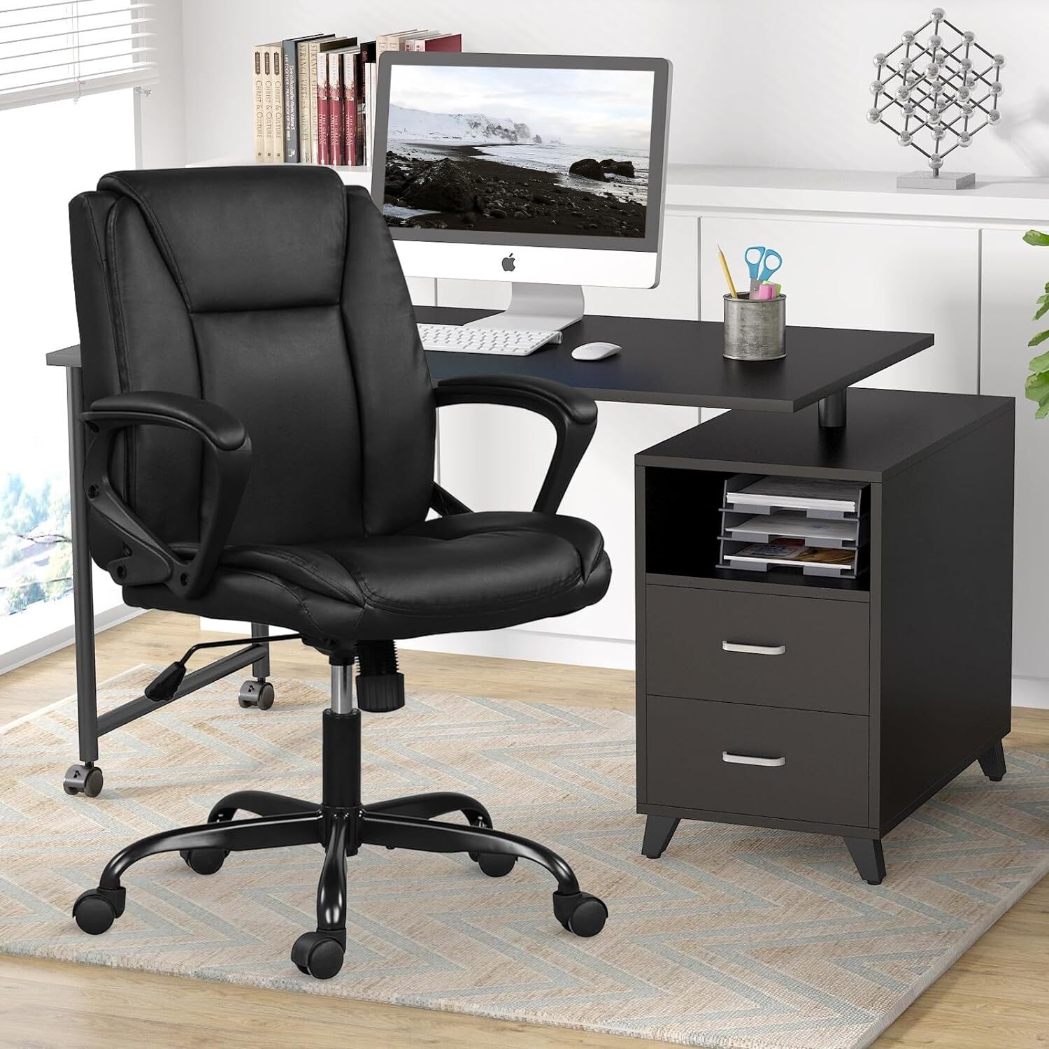 Mid Back Office Computer Desk Chair Ergonomic PU Leather Swivel Executive Chair