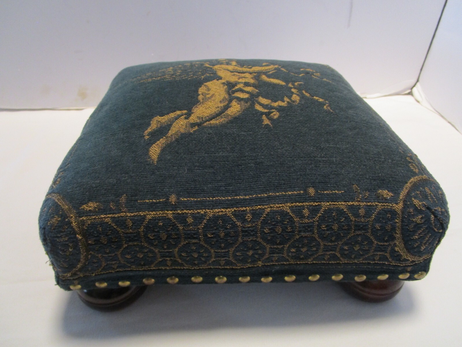 Victorian Style Cherub Tapestry Footstool on Ball Feet 1980's  12" x 12"