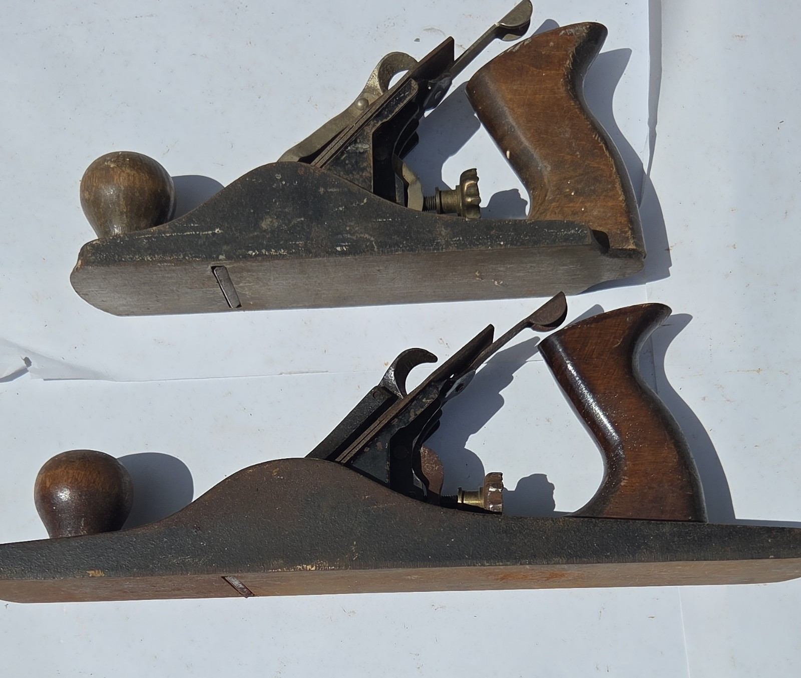 Lot of 2 Vintage Bench Planes Wood Handles Metal Body Steel Blades