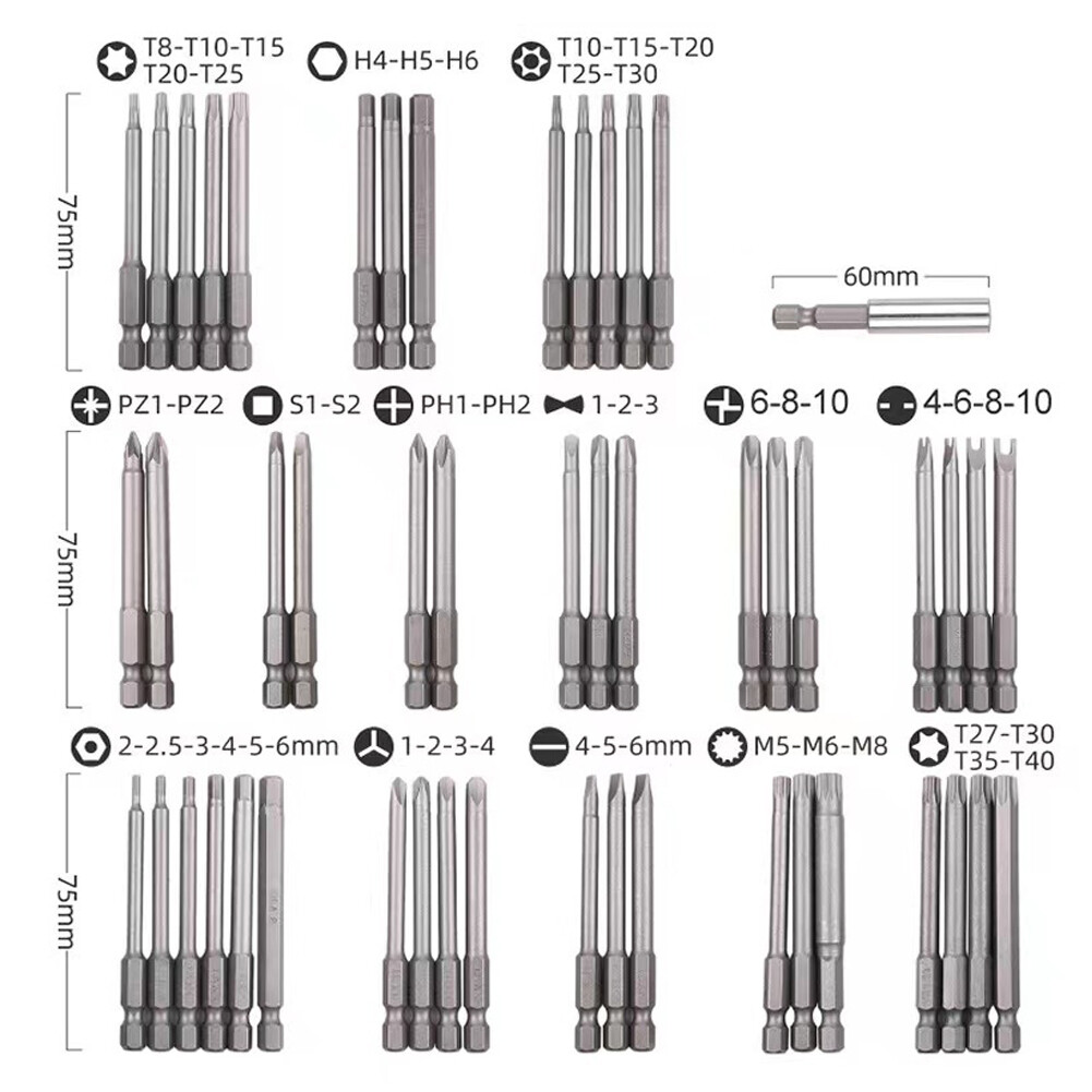 US 50Pcs Extra Long Security Bits Hex Torx Star Spline Flat Screwdriver Bit Set