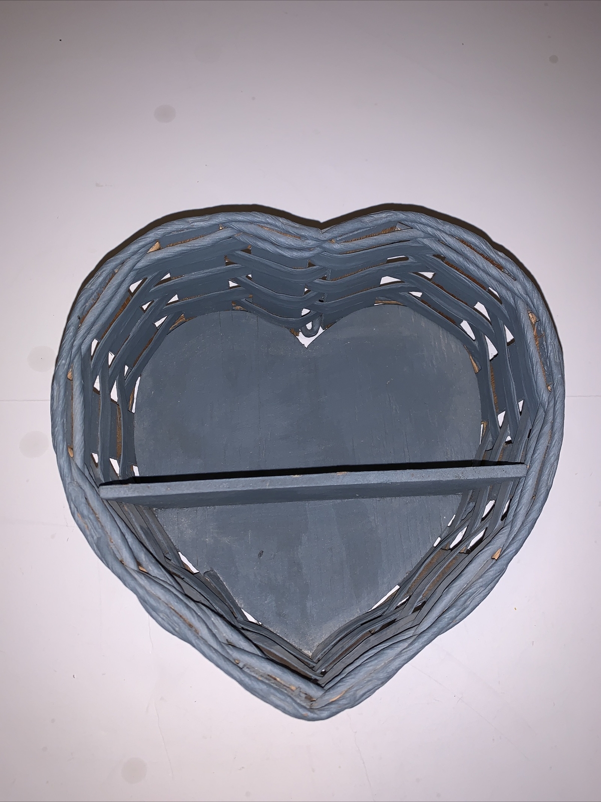 HEART-SHAPED Blue Heavy Wooden Woven Divided Basket Wall Shelf