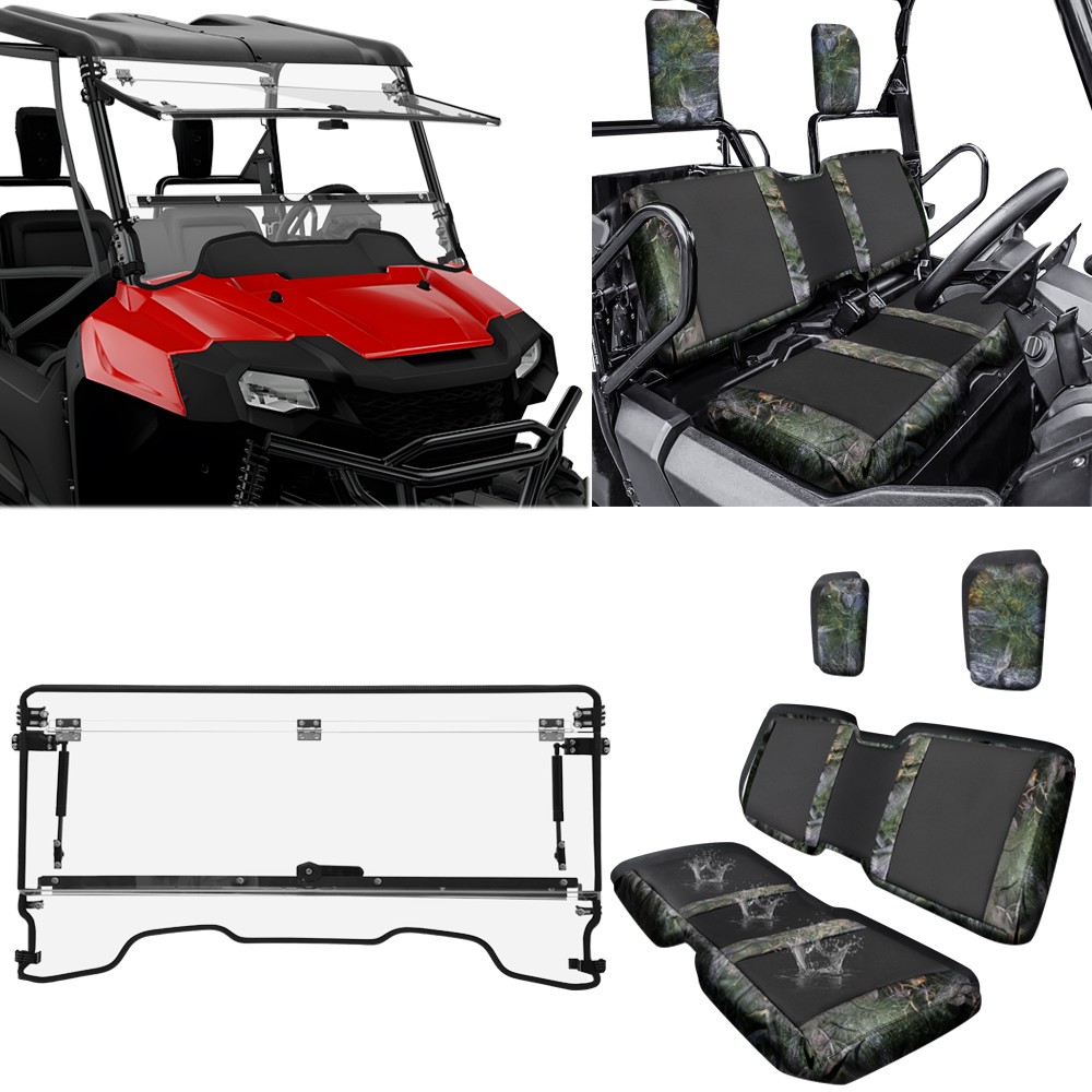 2pc Flip Windshield Front Window with Seat Covers for Honda Pioneer 700 700-4