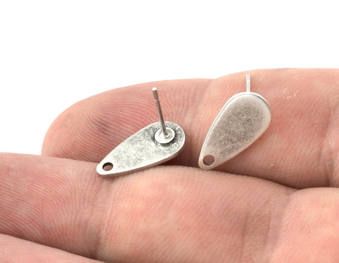 1 pair Drop Earring Stud Posts Antique silver plated brass 14.5x7.5mm 3727