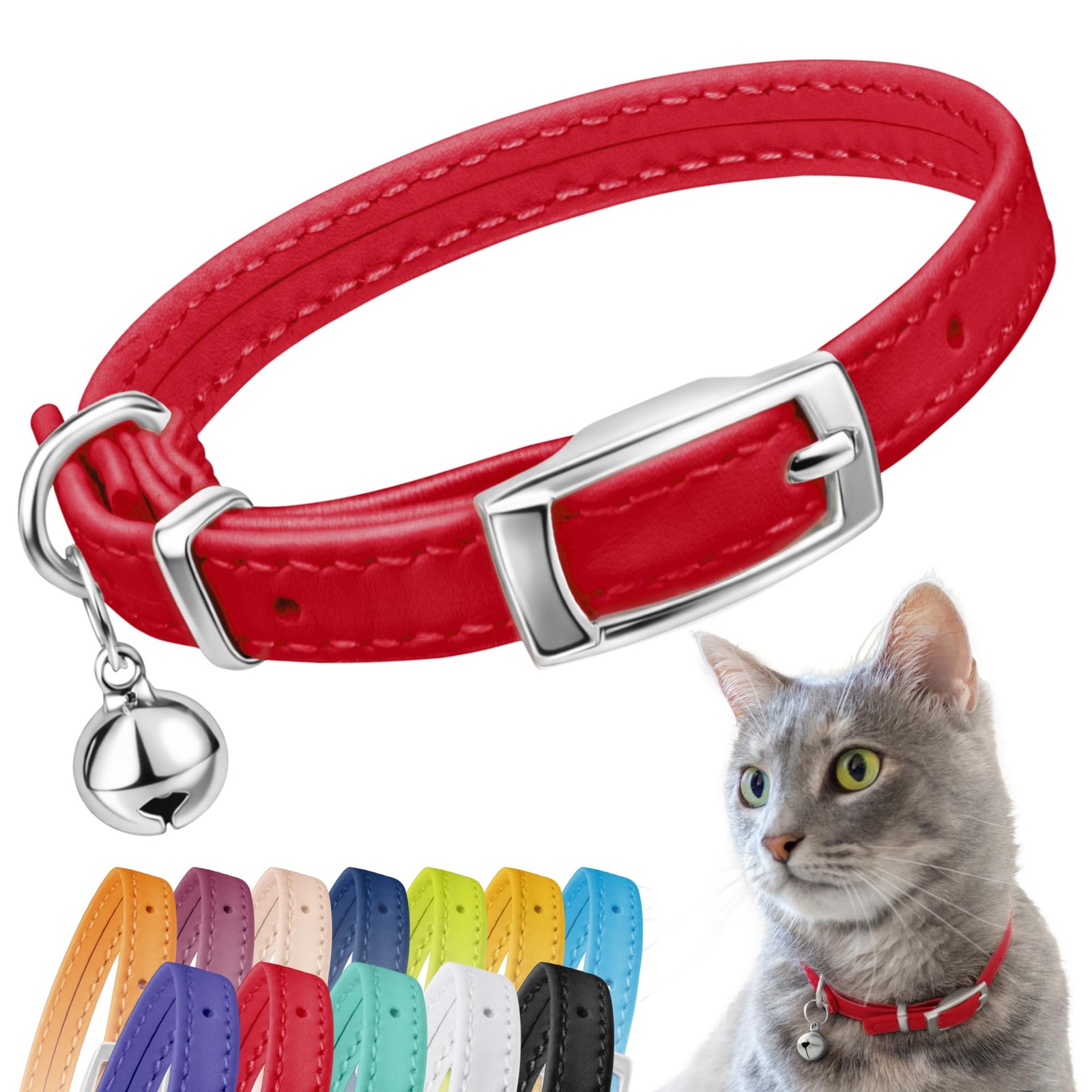 CollarDirect Leather Cat Collar with Removable Bell – Neck Fit 6"-7", Red