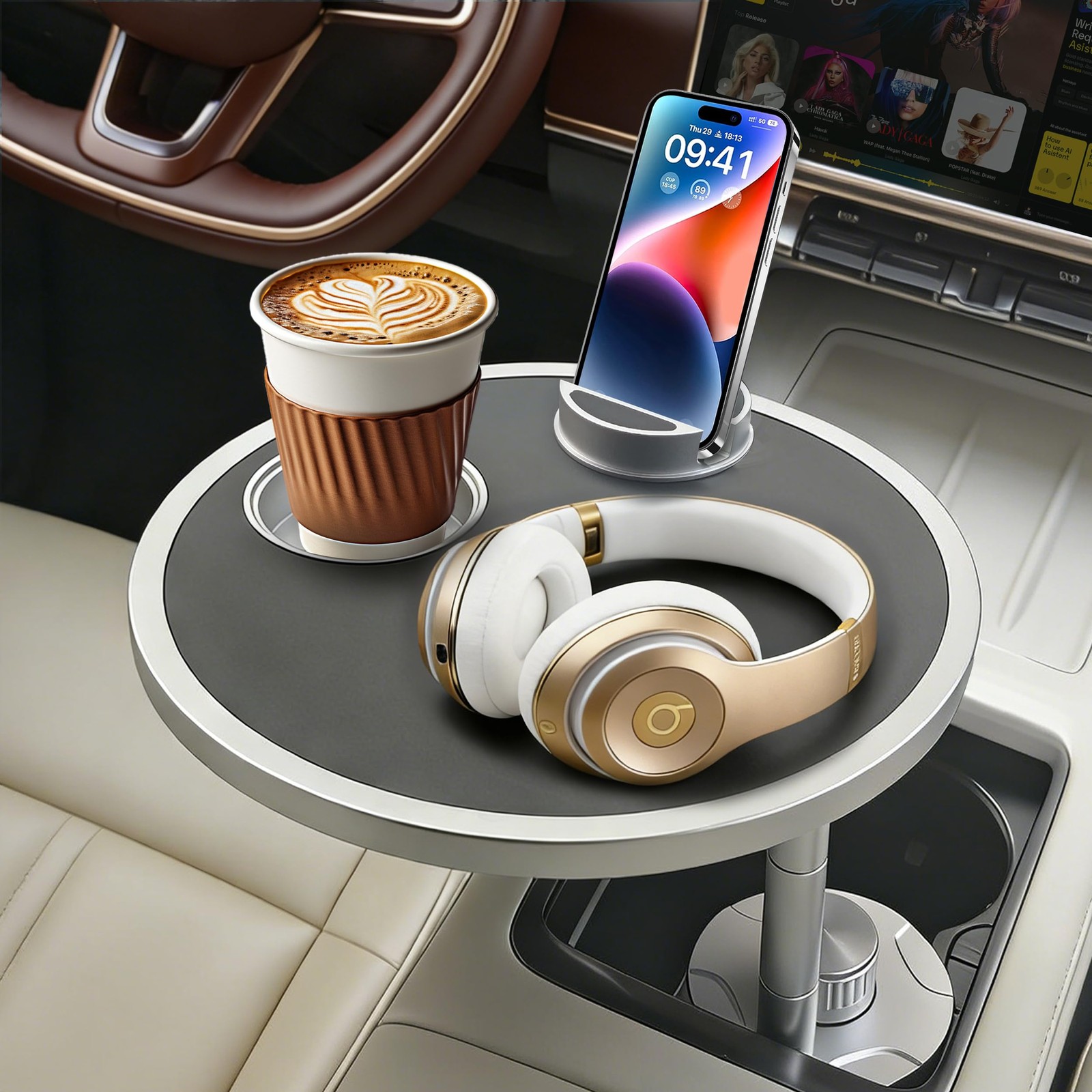Car Food Tray & Car Table Tray with Car-Grade Aluminum Cup Holder & Phone Sta...