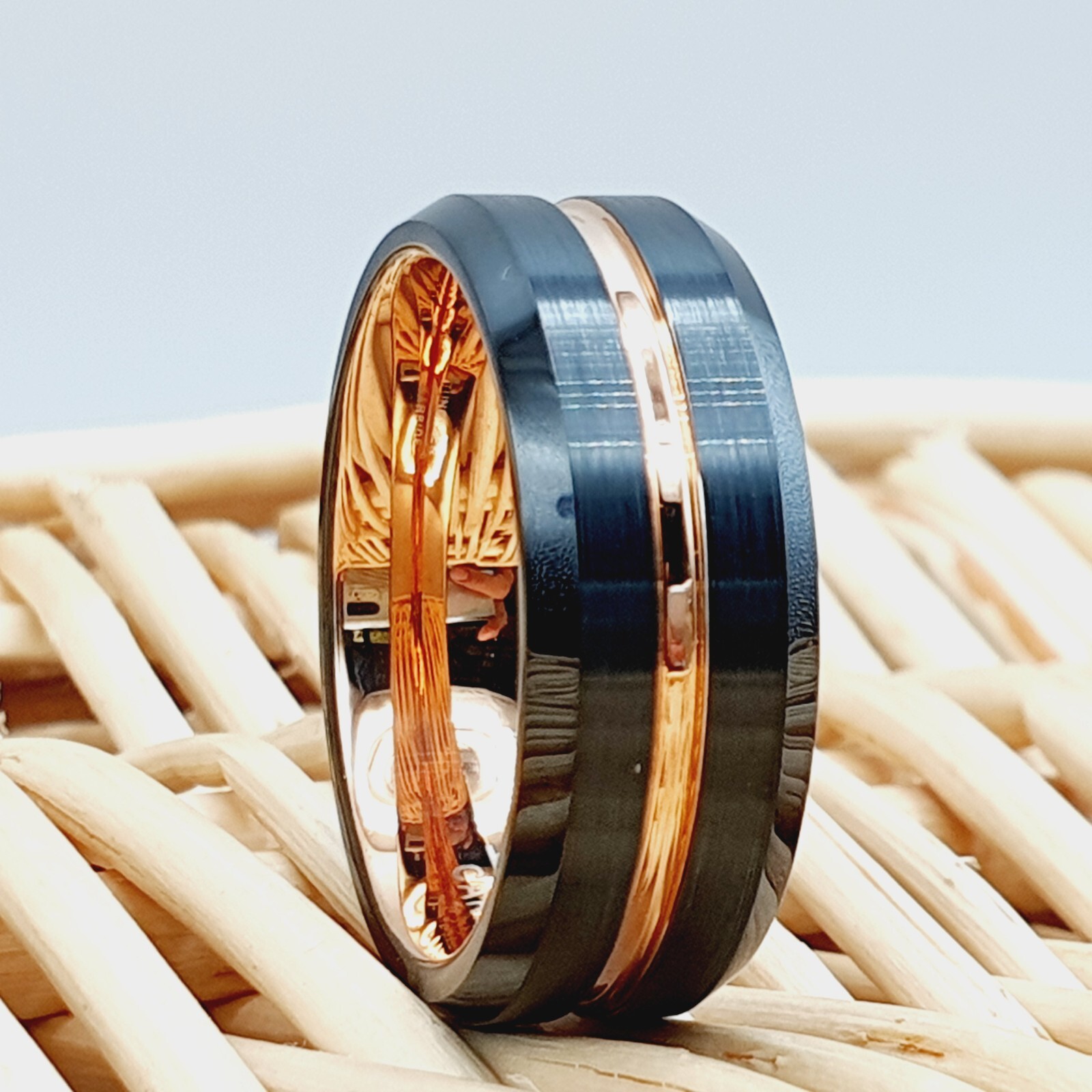 Unisex Grooved Center Design Tungsten Ring Rose Gold and Black Wedding Band