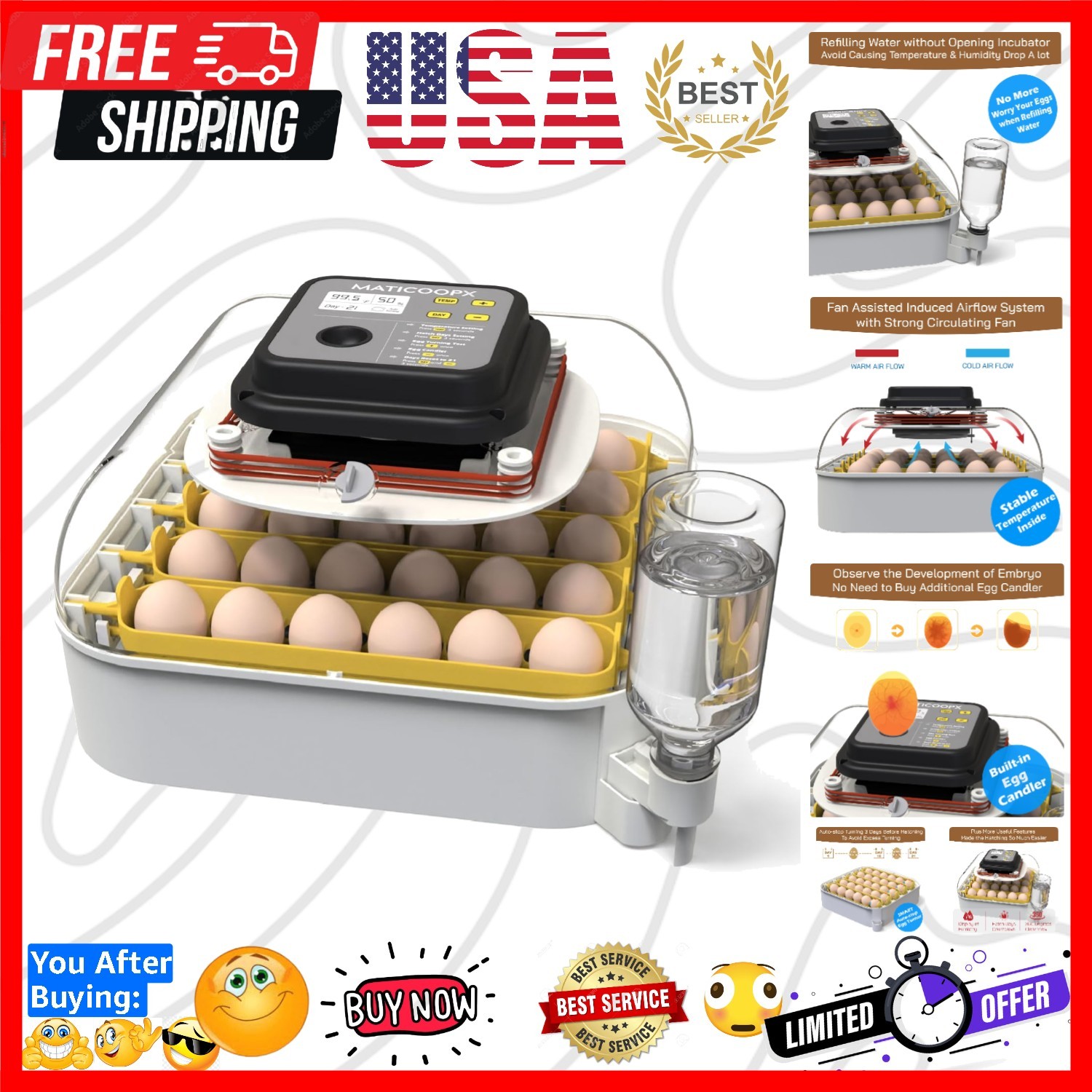 30 Egg Incubator with Humidity Display, Egg Candler, Automatic Egg Turner, fo...