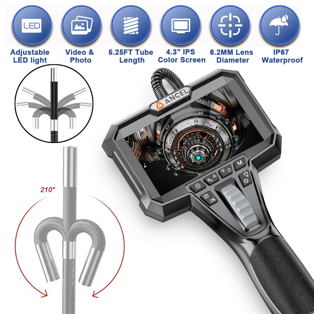 ANCEL AN301 Industrial Endoscope 6.2mm Articulating 4.3" Screen 1.6m Copper Tool