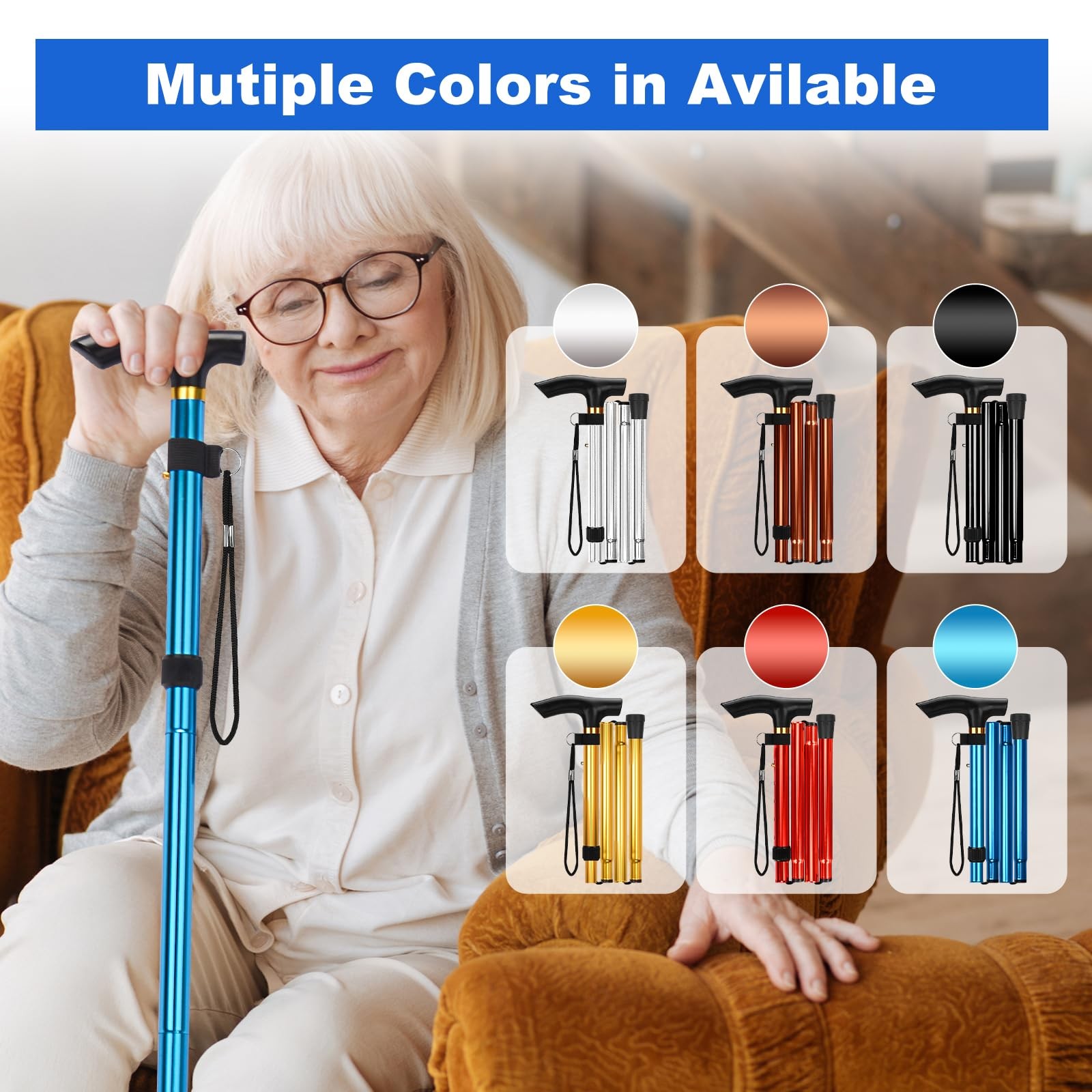 MFE Folding Cane, Portable 5-Level Adjustable Height Walking Stick with Blue