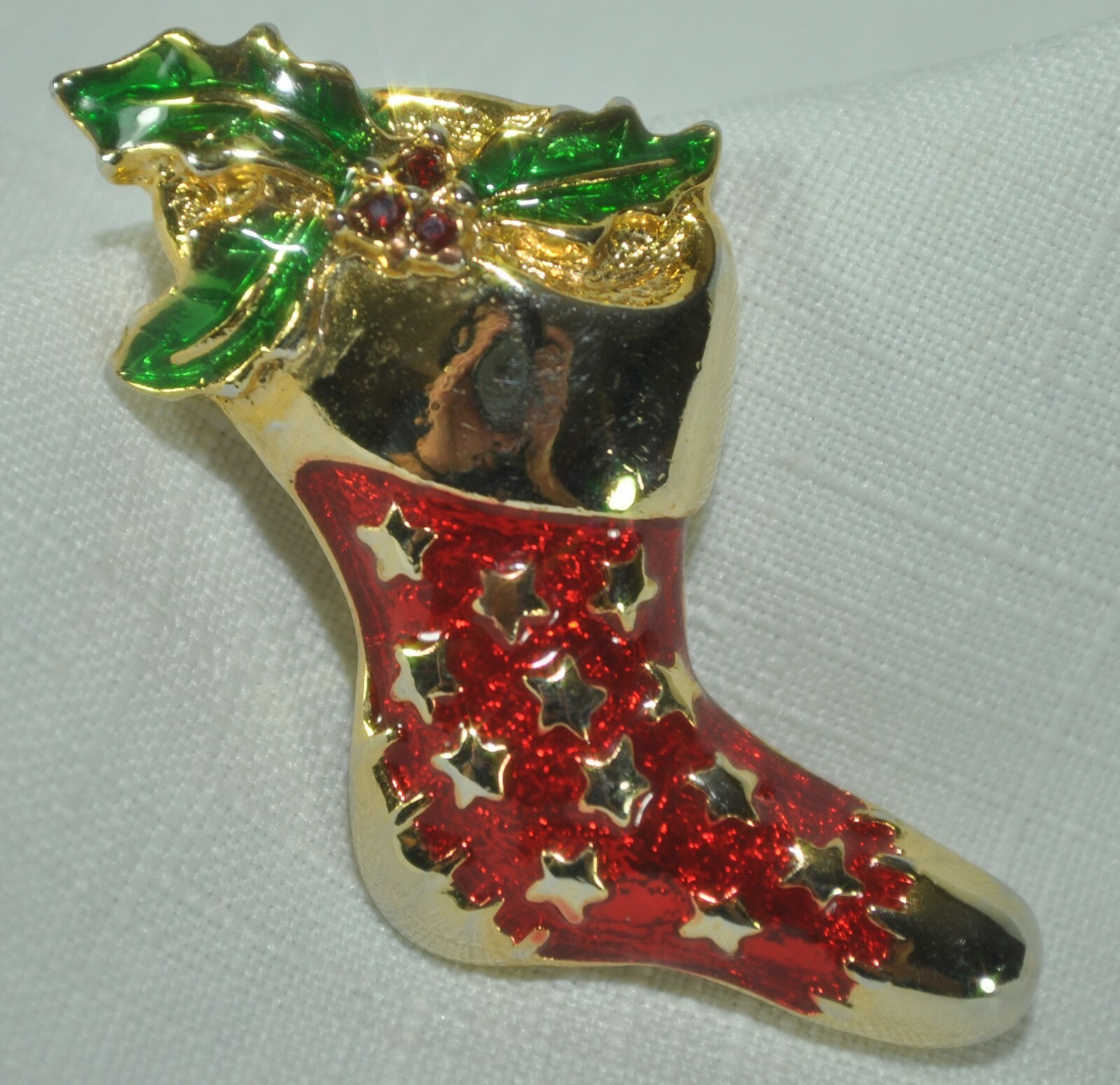 Danecraft Red and Gold Christmas Stocking with Holly Lapel Pin 2.25" long