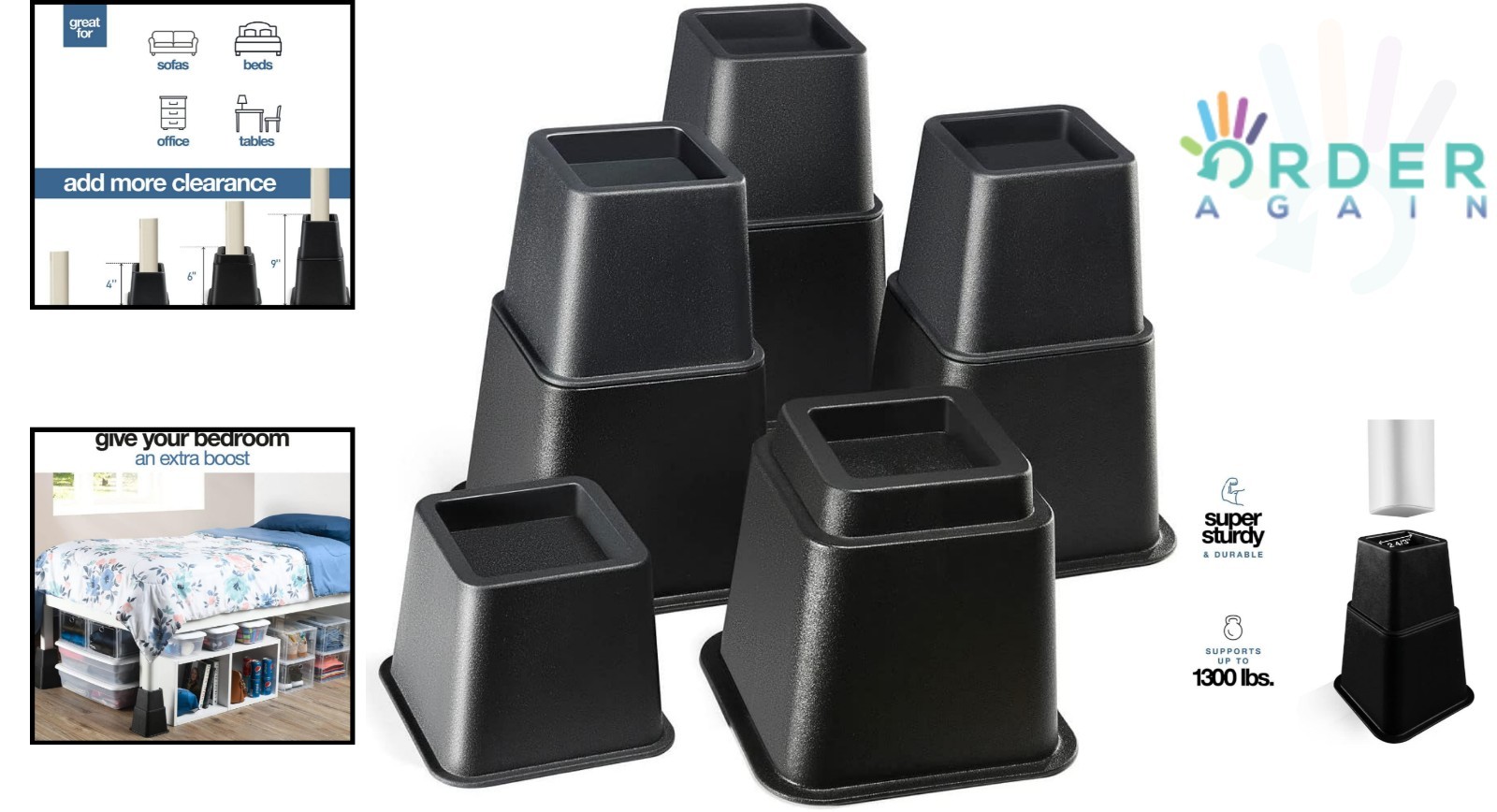 Adjustable Bed Risers Heavy Duty Stackable Supports 1300 lbs Under Bed Storage