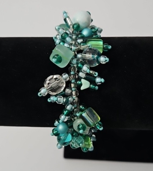 Handmade Beaded Cluster Bracelet Green & Blue Gemstones Crystals & Seed Beads
