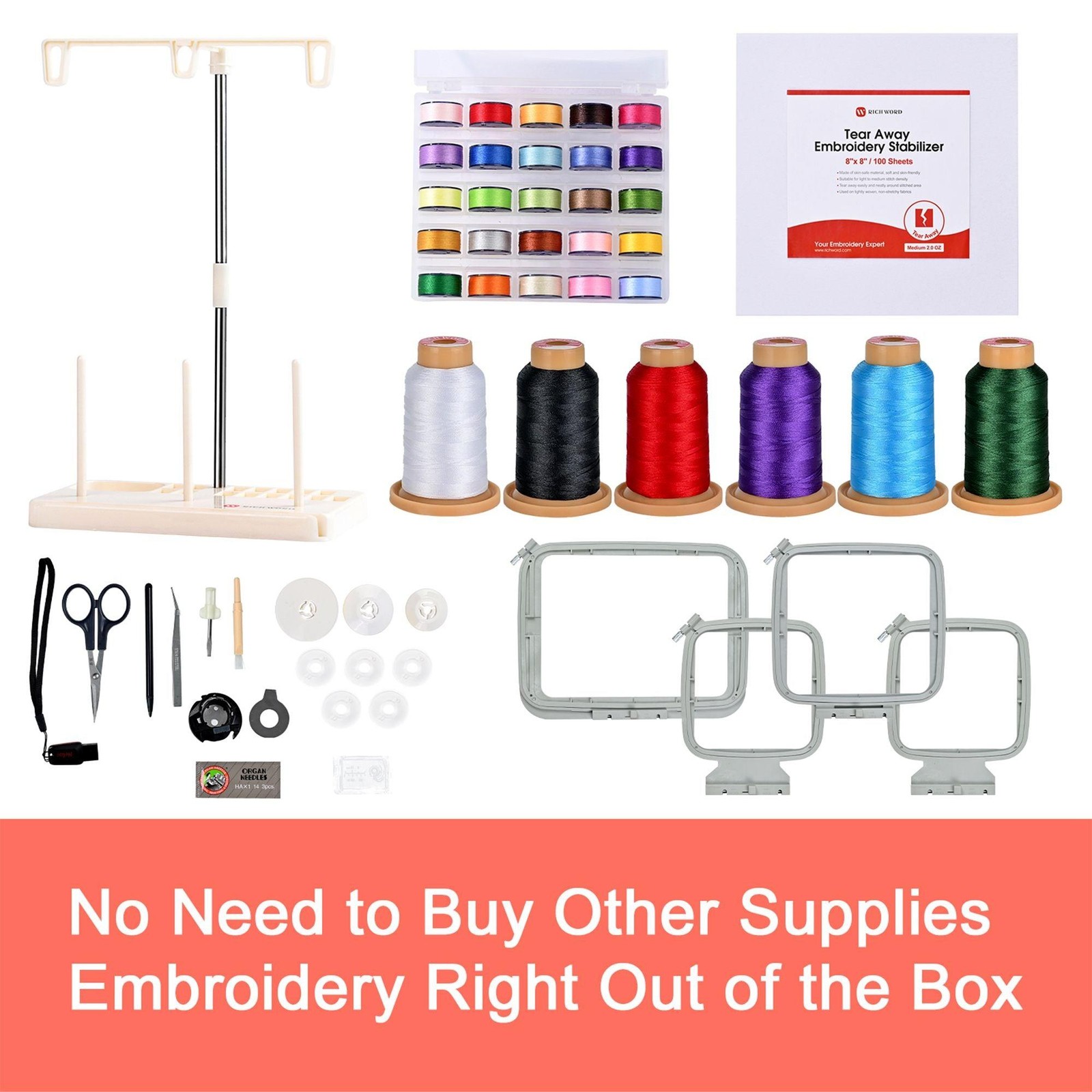 POOLIN EOC06 7.9in x 11in Embroidery Machine & 166 Thread Spool Bundle - Red