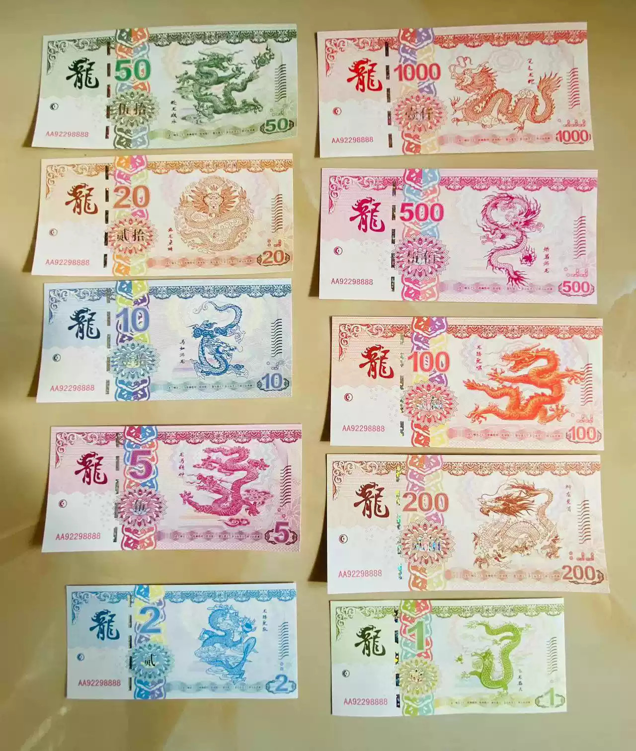 China Dragon Set 10 Pcs: 1 2 5 10 20 50 100 200 500 1000 Commemorate Bills UNC